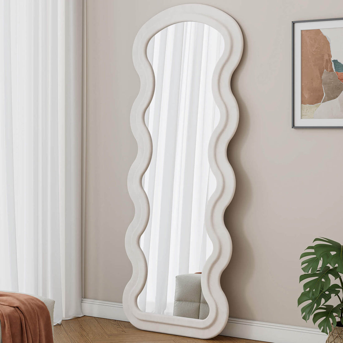 Freestanding white wavy flannel mirror for living room decor