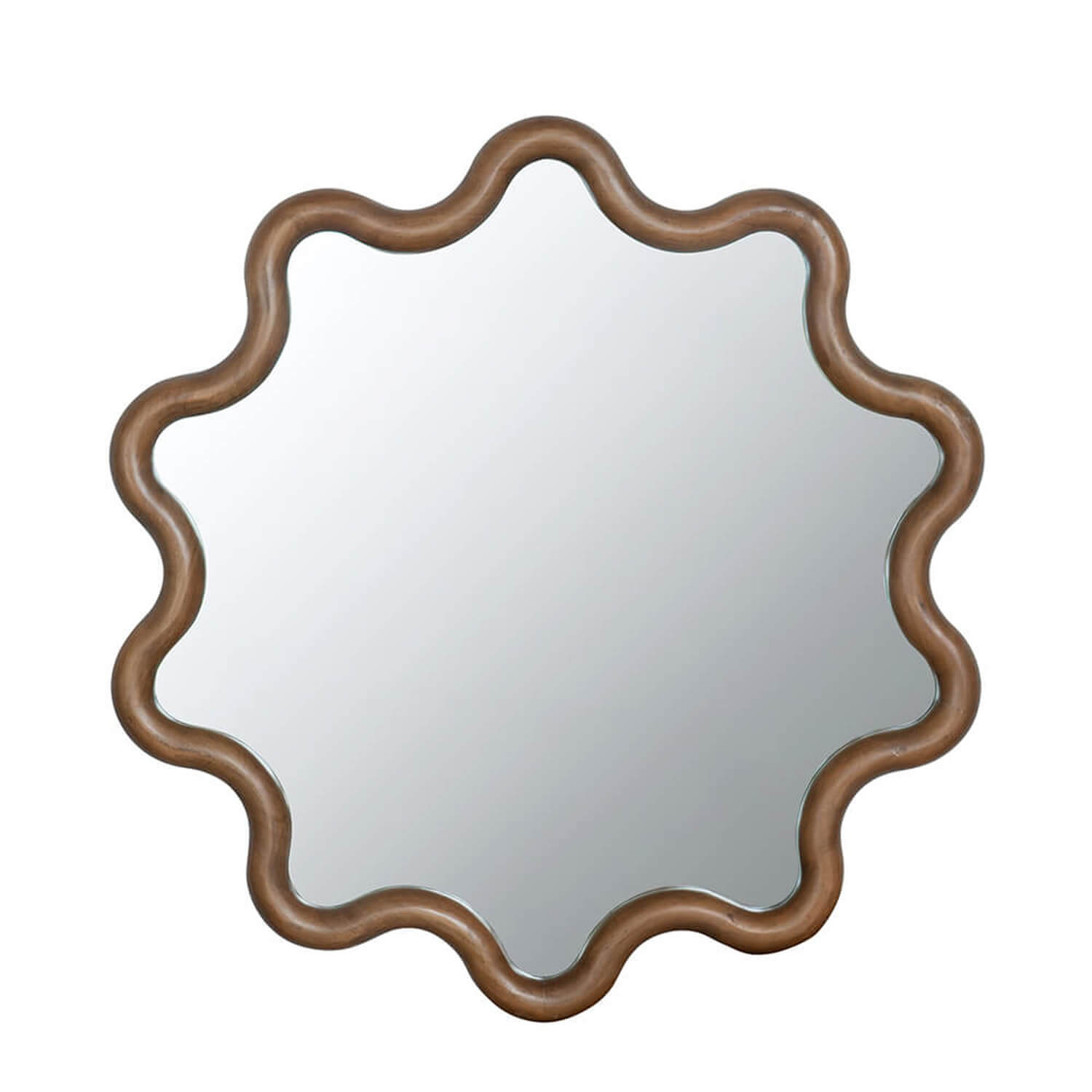 Front view of floral scalloped wooden mirror plain background