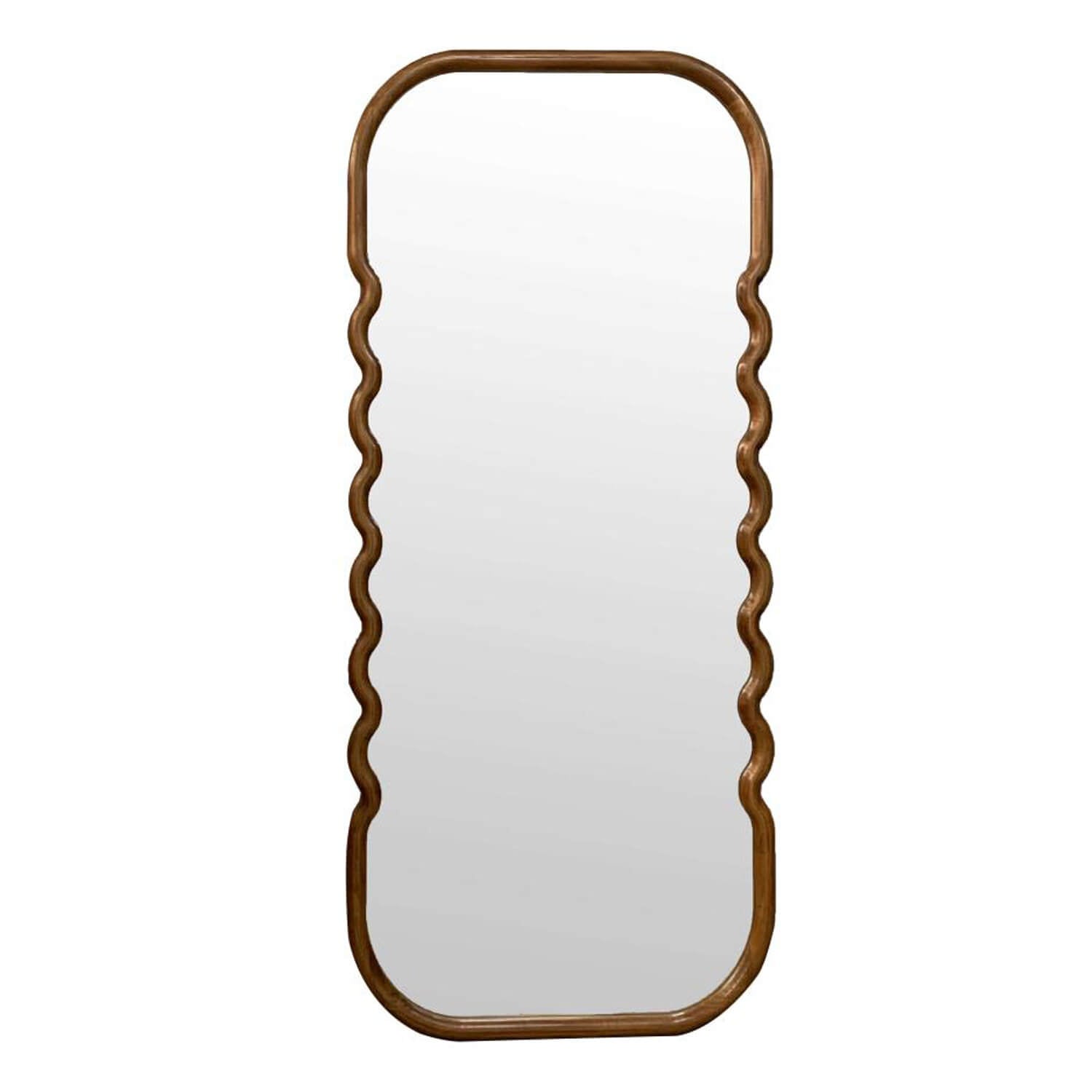 Front view of scalloped edge wooden full length mirror
