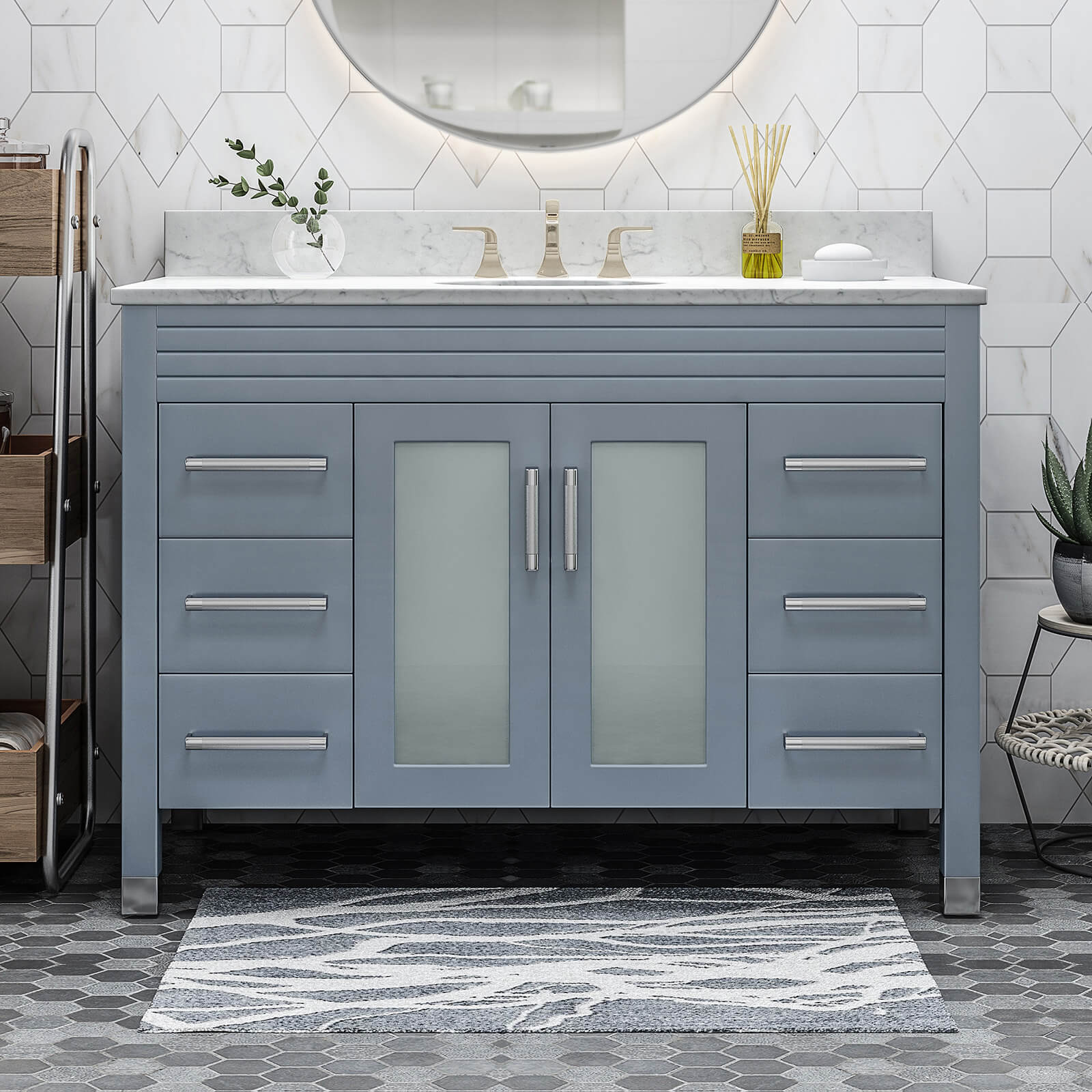 Front view of the assembled 48 inch Acacia Freestanding Dresser
