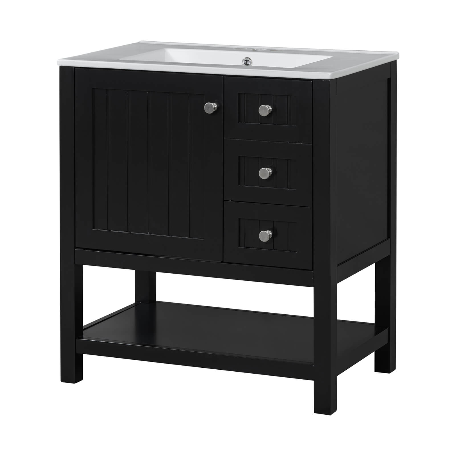Front view of the black bathroom vanity with a ceramic sink
