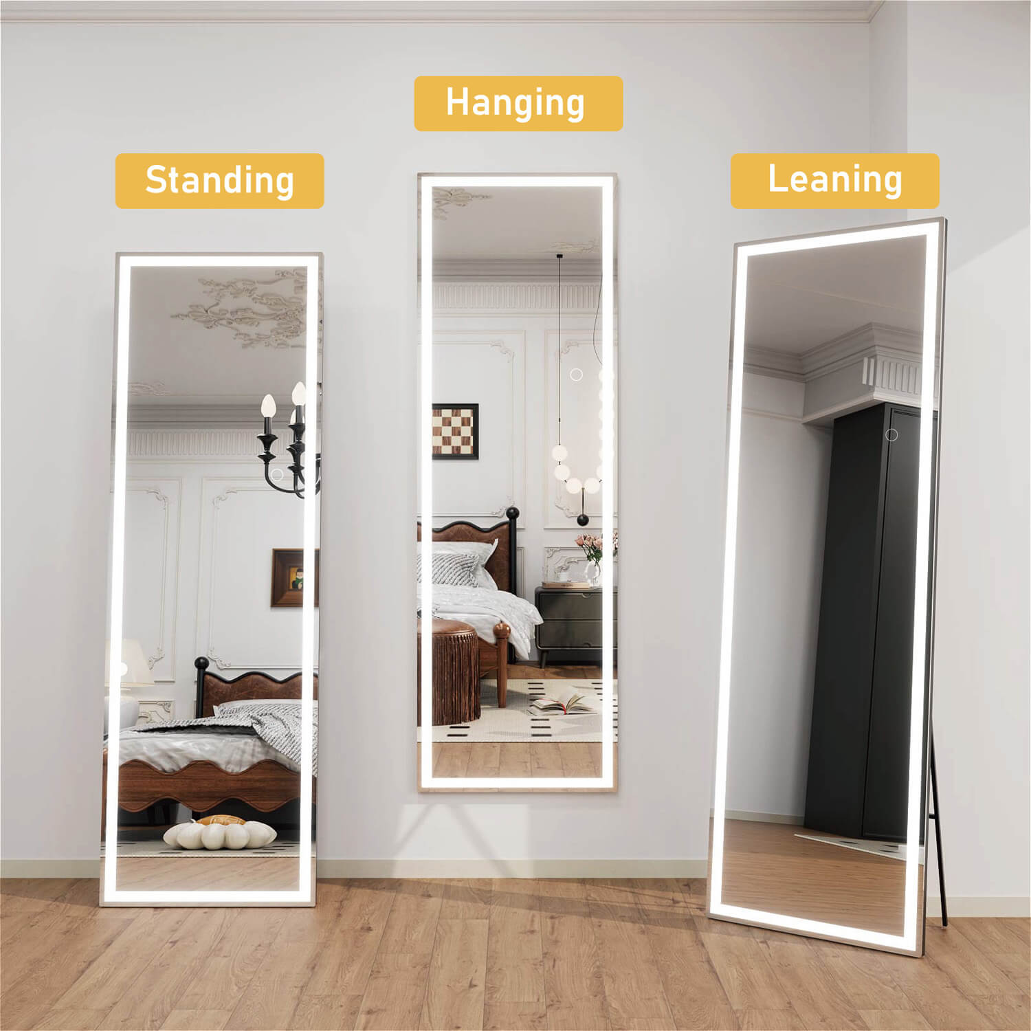 Full body LED mirror with standing hanging and leaning installation options