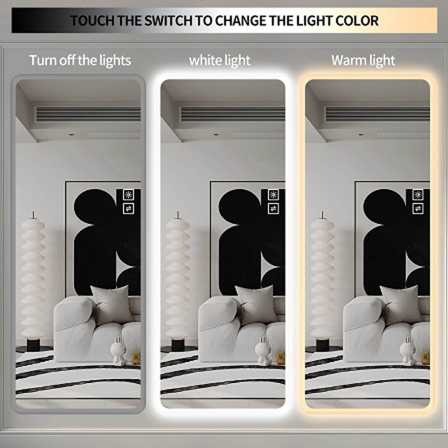 Full length mirror with one touch light color mode switching
