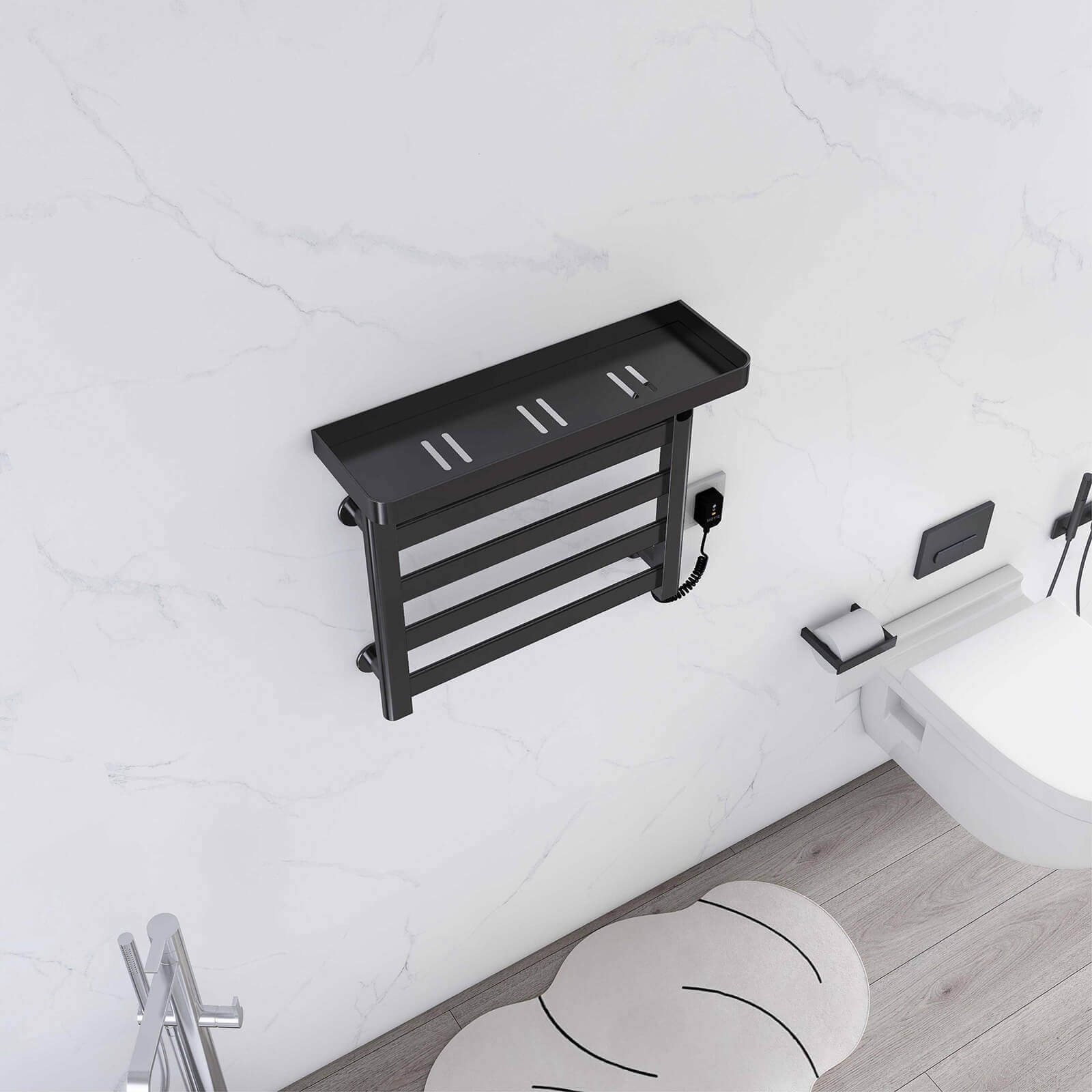 G50 Black Heated Towel Rack enhancing bathroom aesthetics