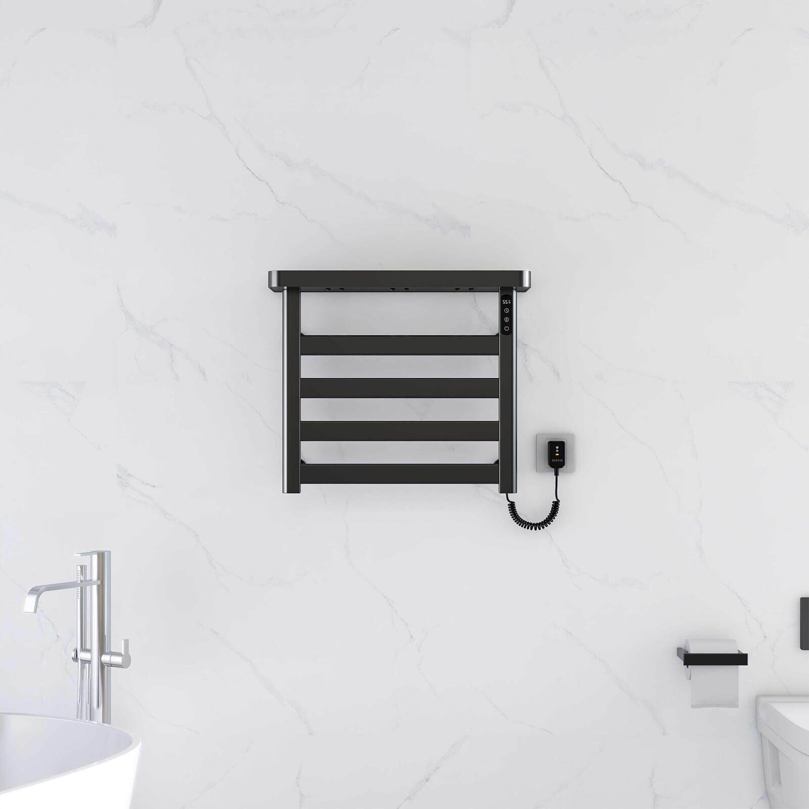 G50 Black Plug-In Heated Towel Rack displayed in a bathroom