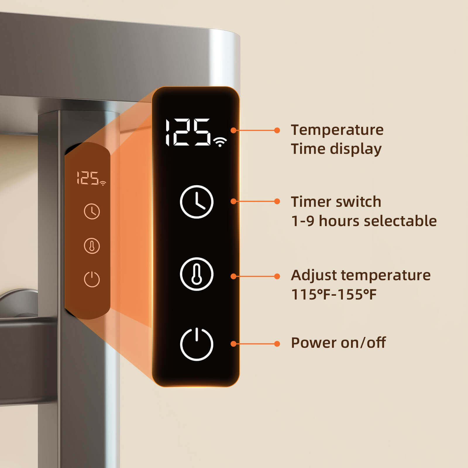 G50 Gray Heated Towel Rack featuring LED touch display