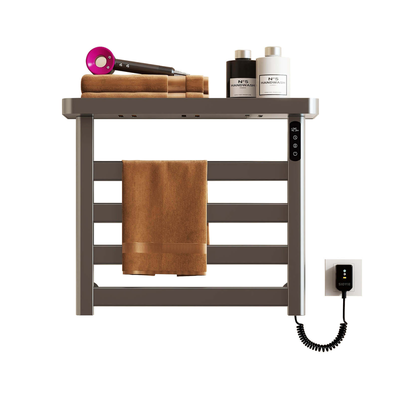 G50 Gray Heated Towel Rack in humid bathroom environment