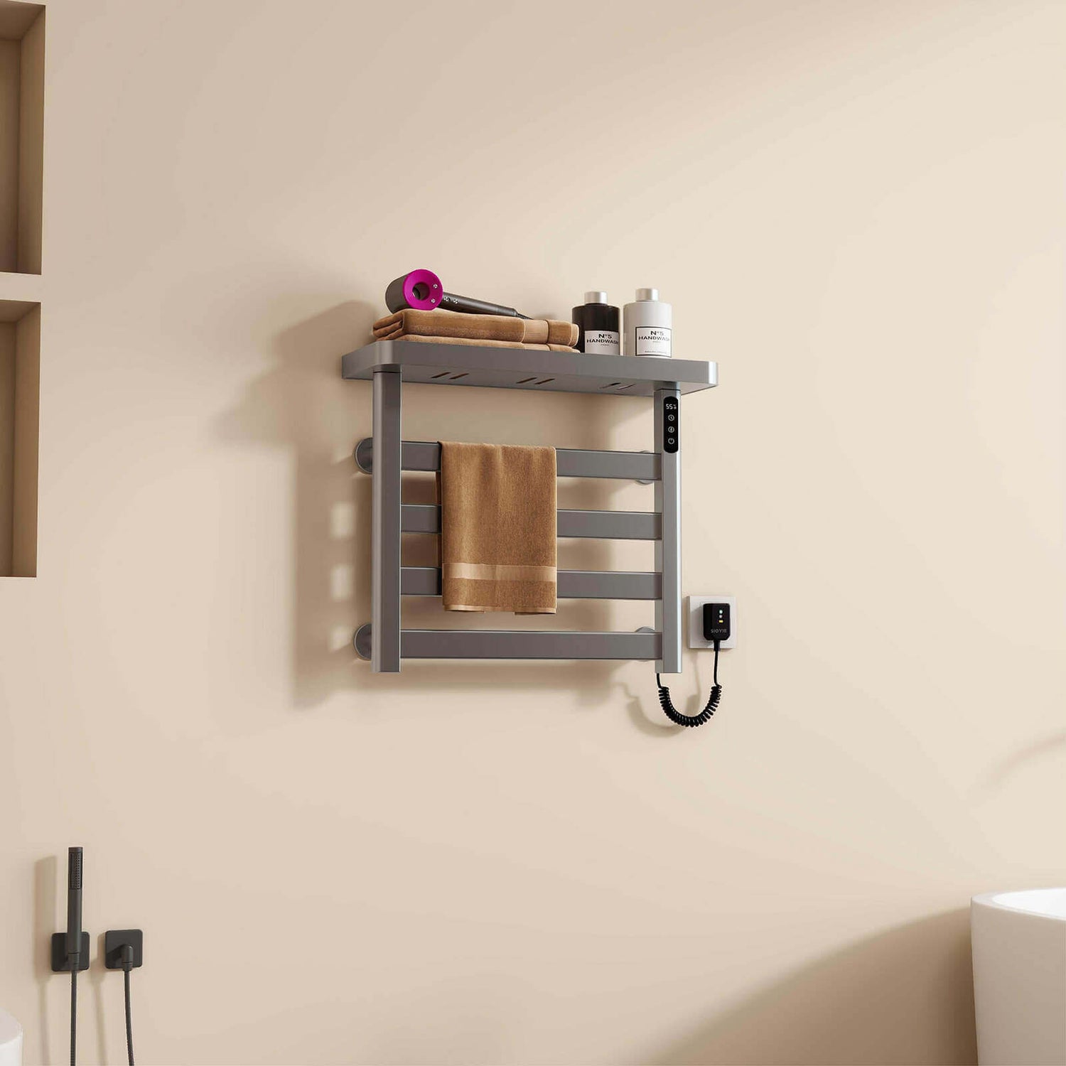 G50 Gray Plug-In Heated Towel Rack in modern bathroom setting