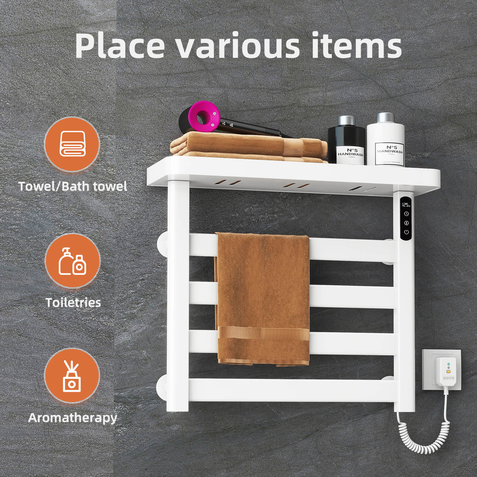 G50 White Plug-In Heated Towel Rack Multi-Function Storage Diagram