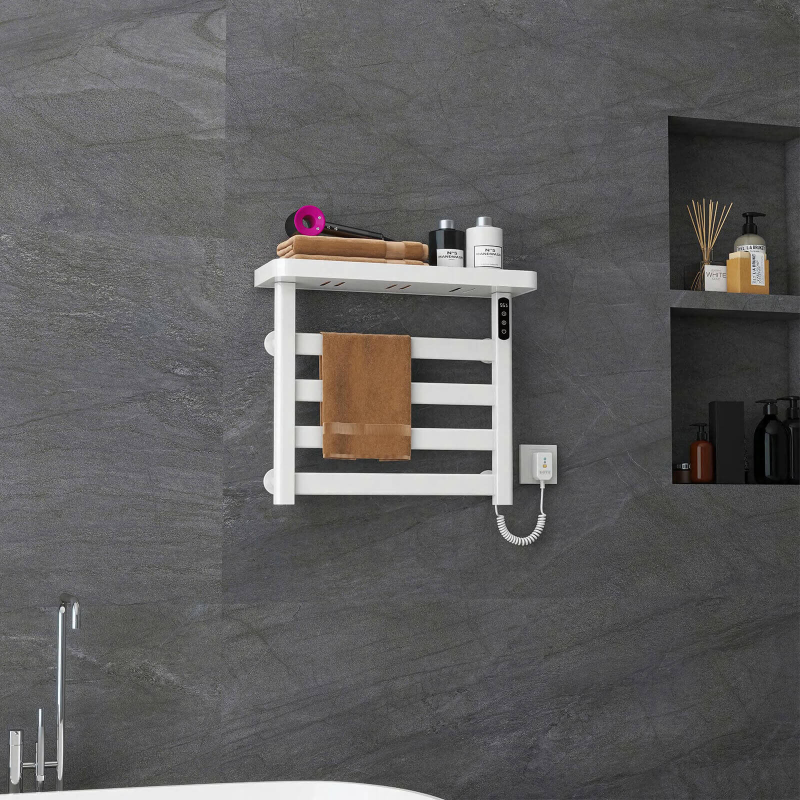 G50 White Plug-In Heated Towel Rack in bathroom