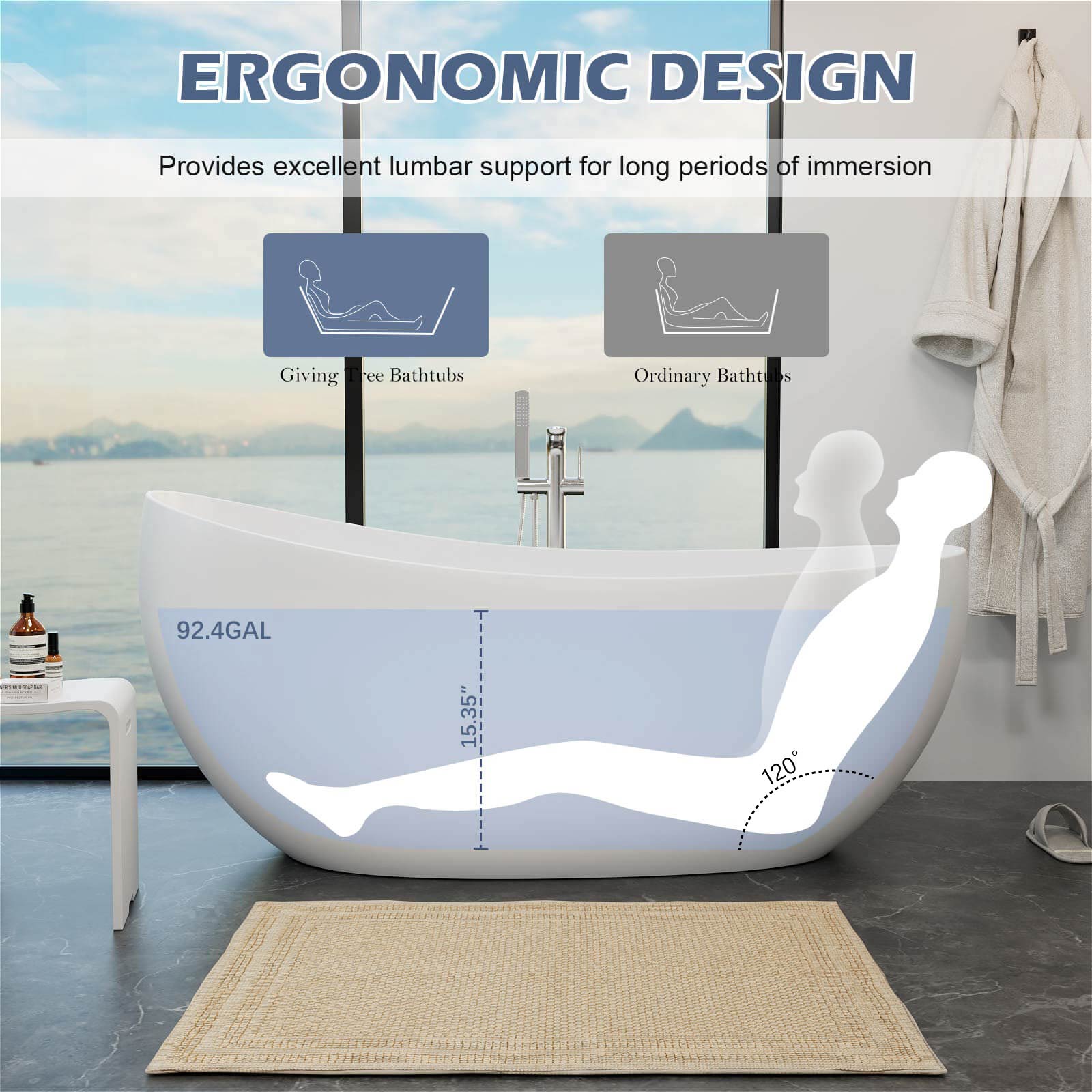 Luxurious 63" Single Slipper Freestanding Soaking Tub