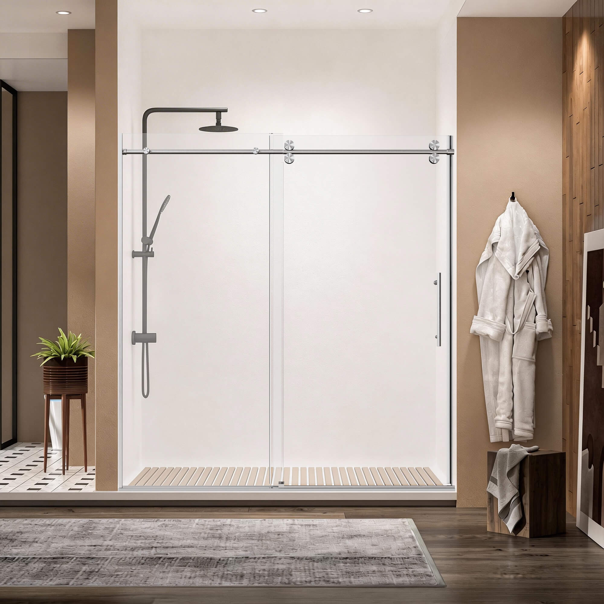Giving Tree 68-72 inch W x 76 inch H Frameless Single Sliding Shower Door in Brushed Nickel