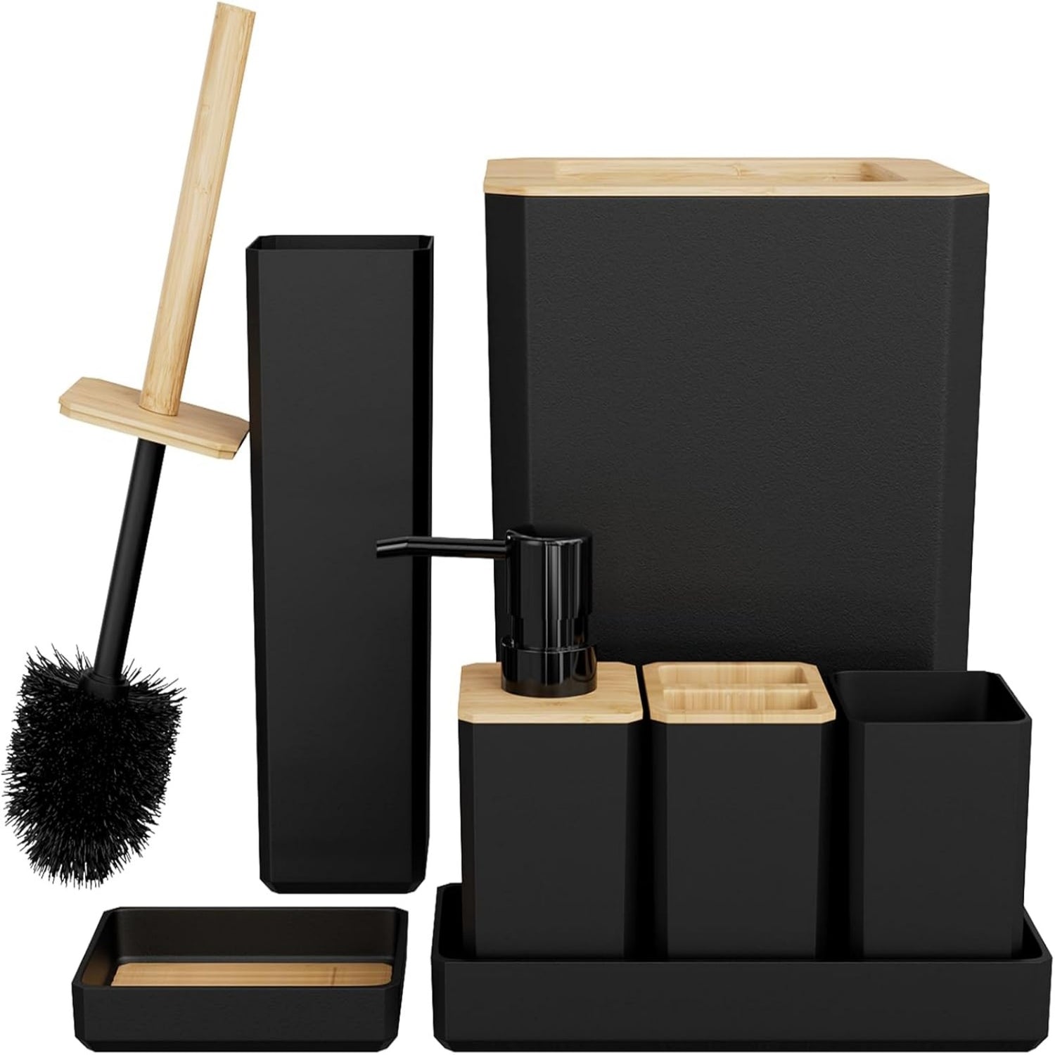 Giving Tree 7 Piece Bamboo Bathroom Set Practical Toilet Kit for Home Washing Room Black