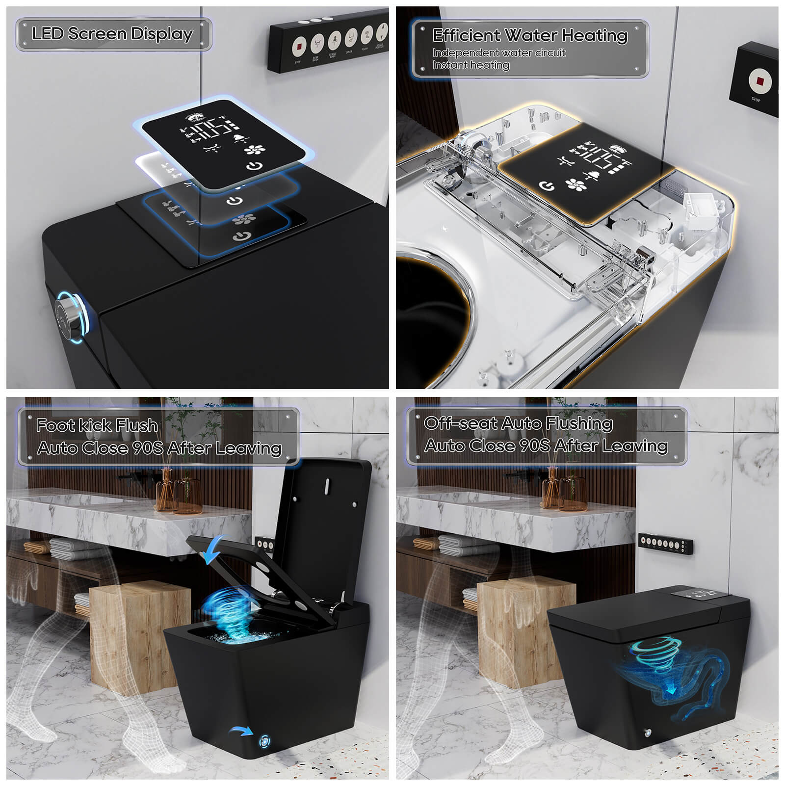 Giving Tree Auto Flushing Square Black Smart Toilet with Led Display