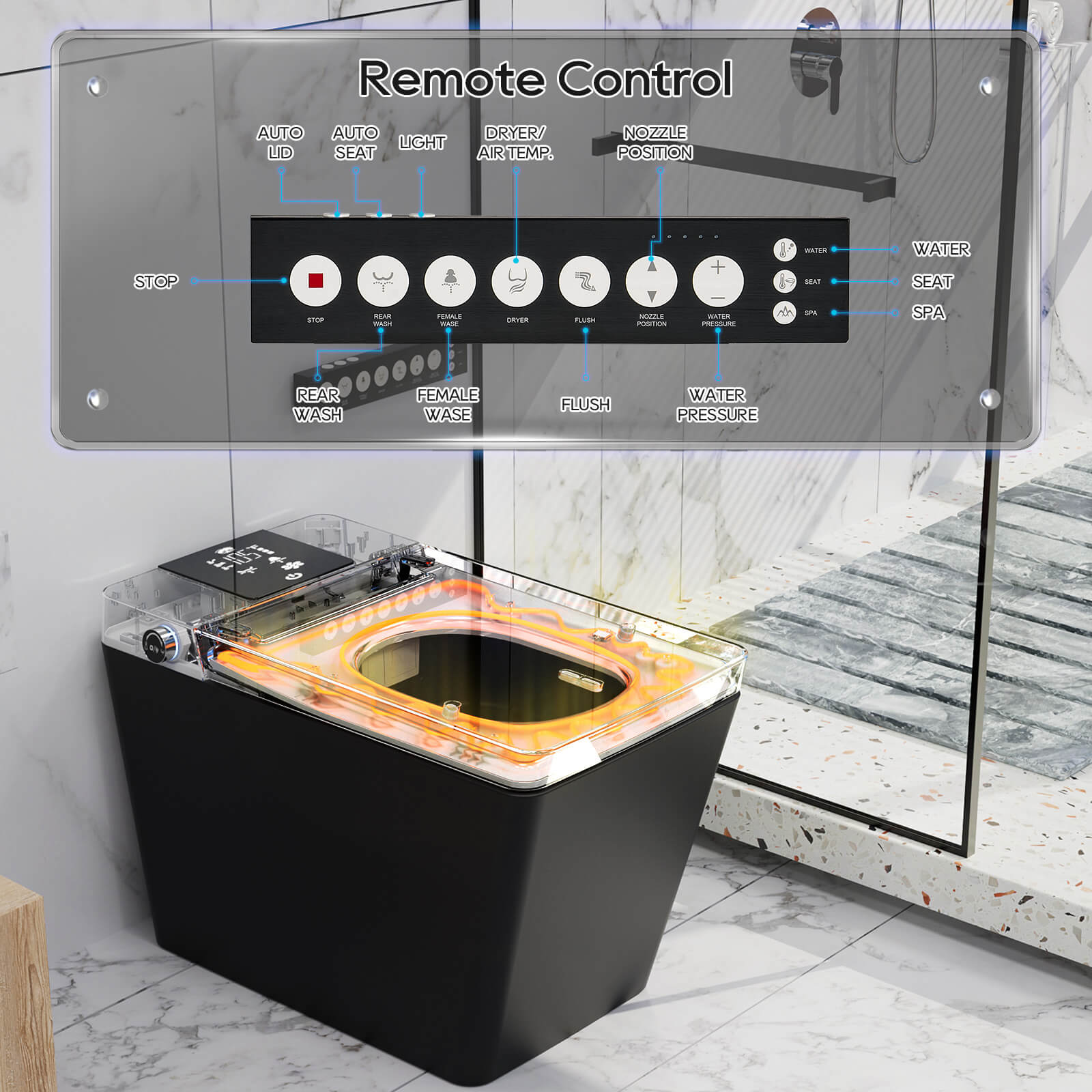 Giving Tree Floor Square Black Smart Toilet with Remote Control