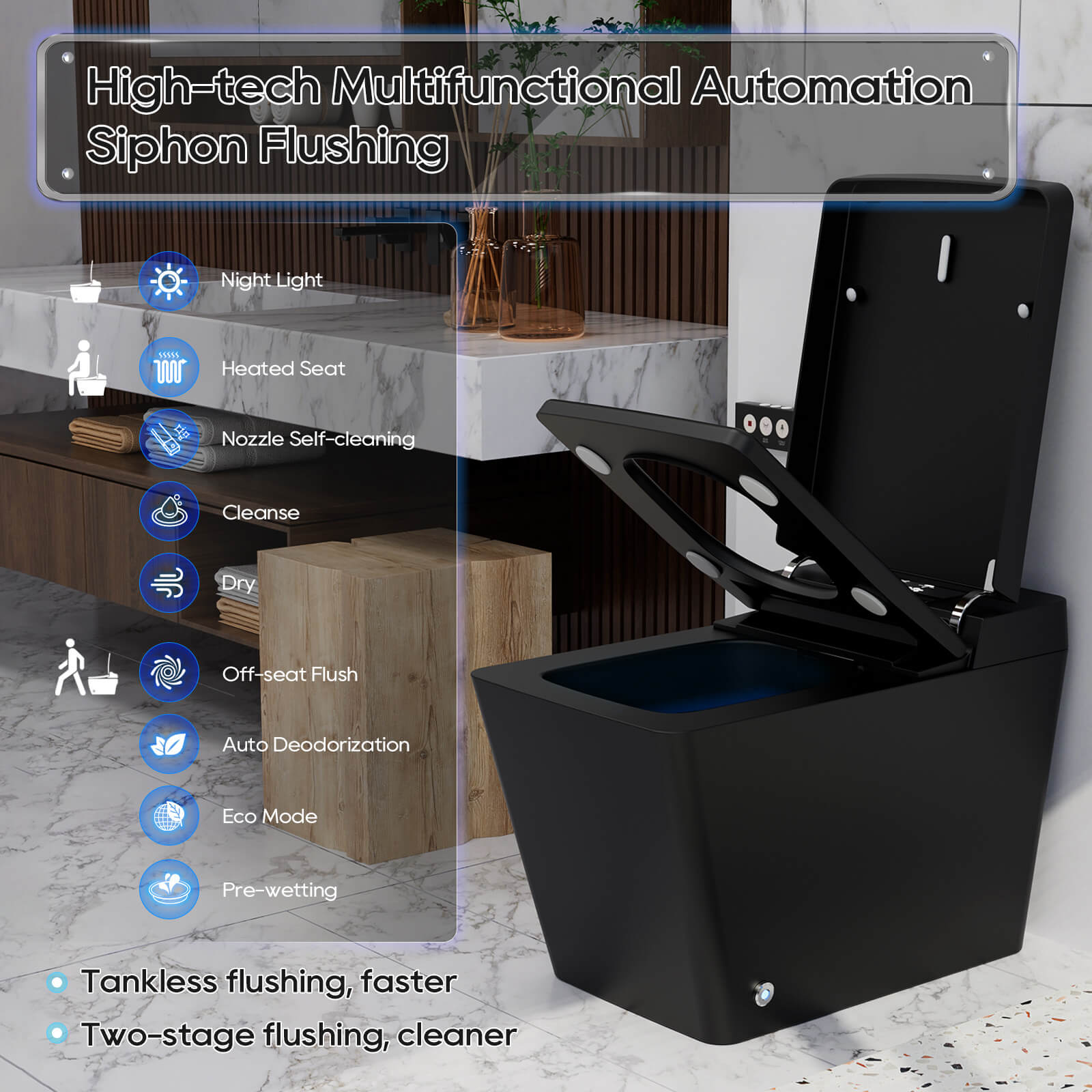 Giving Tree Floor Square Black Smart Toilet with Remote Control and Automatic Cover