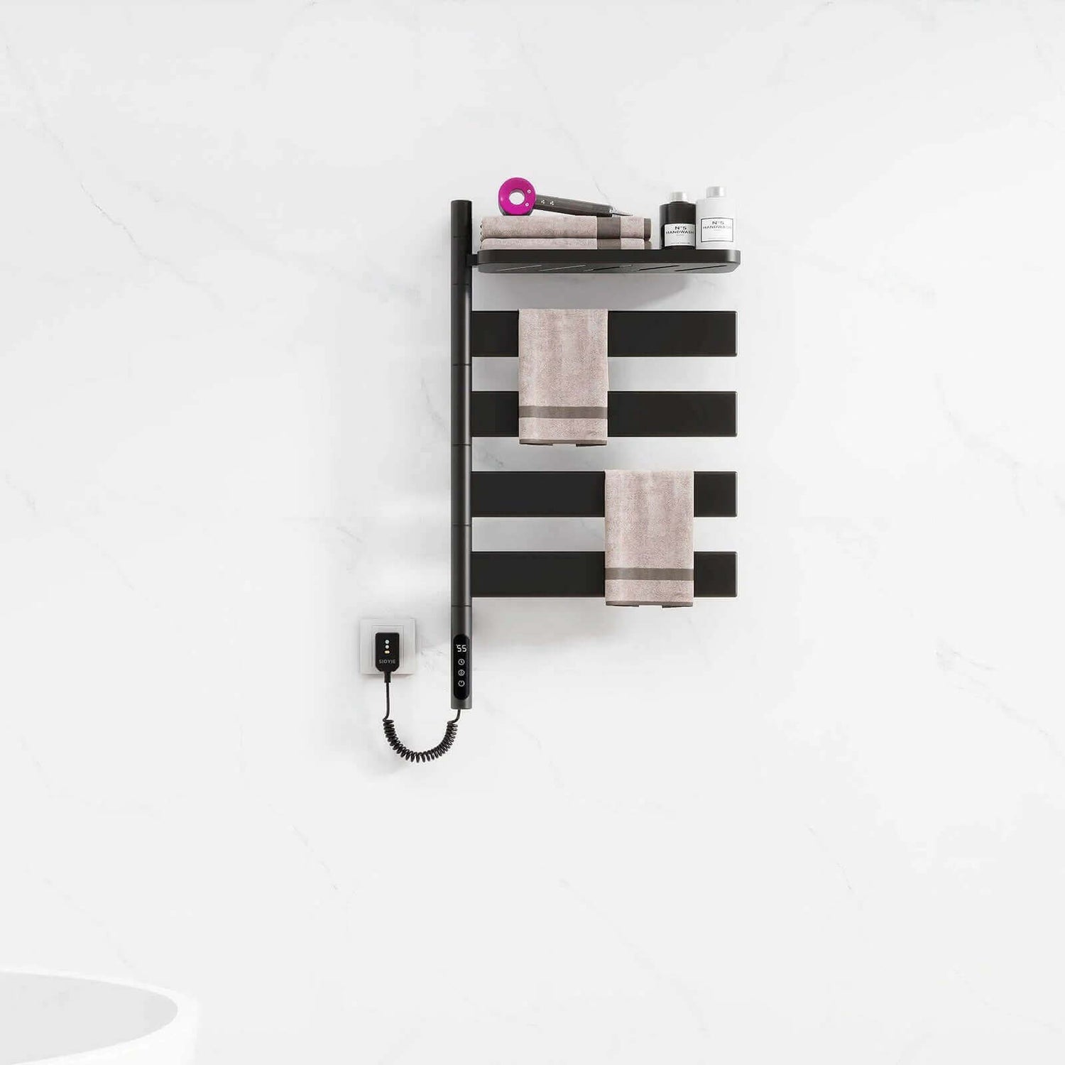 Giving Tree Home G69-Black Heated Towel Rack with Top Shelf