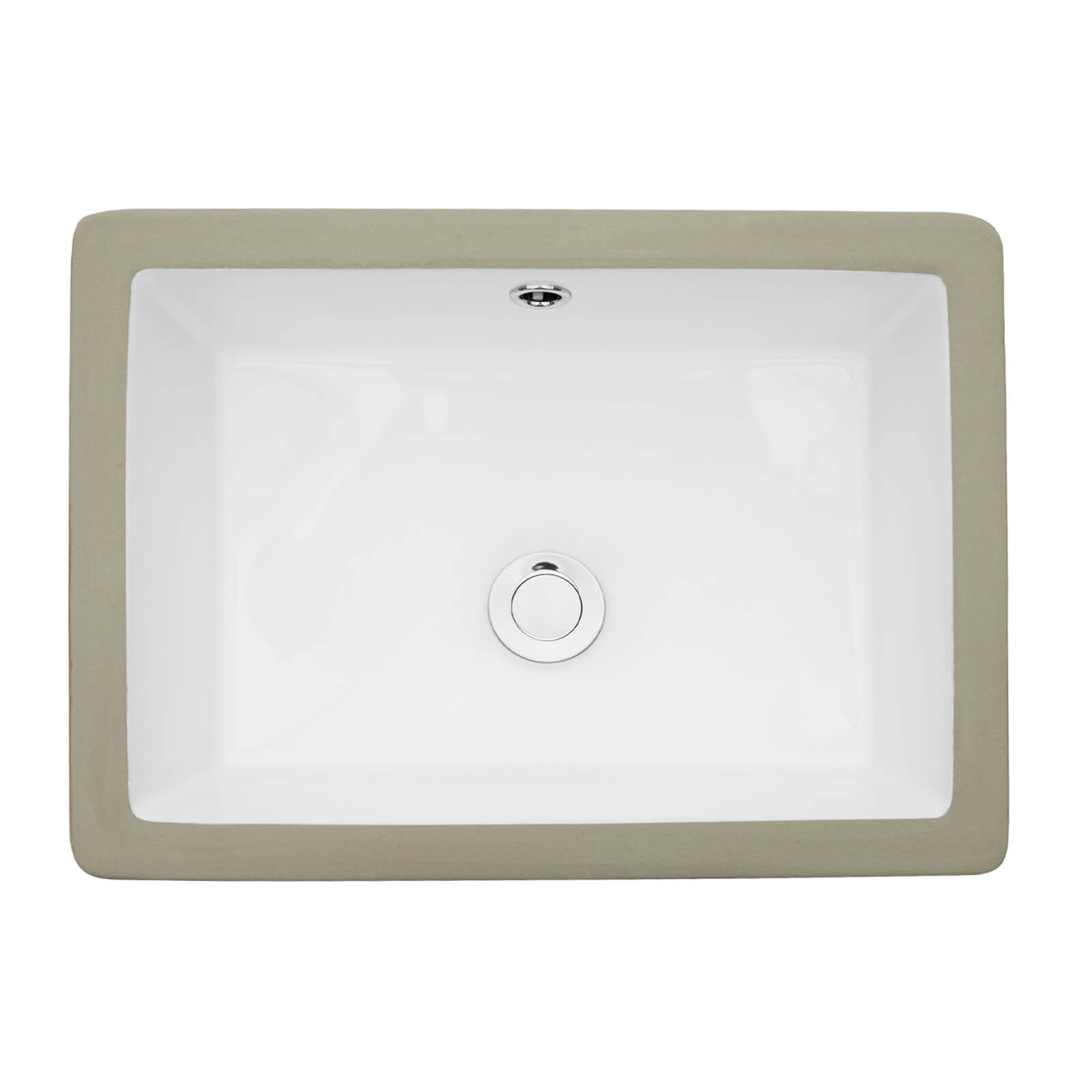 Glossy rectangular ceramic bathroom sink installed under vanity top