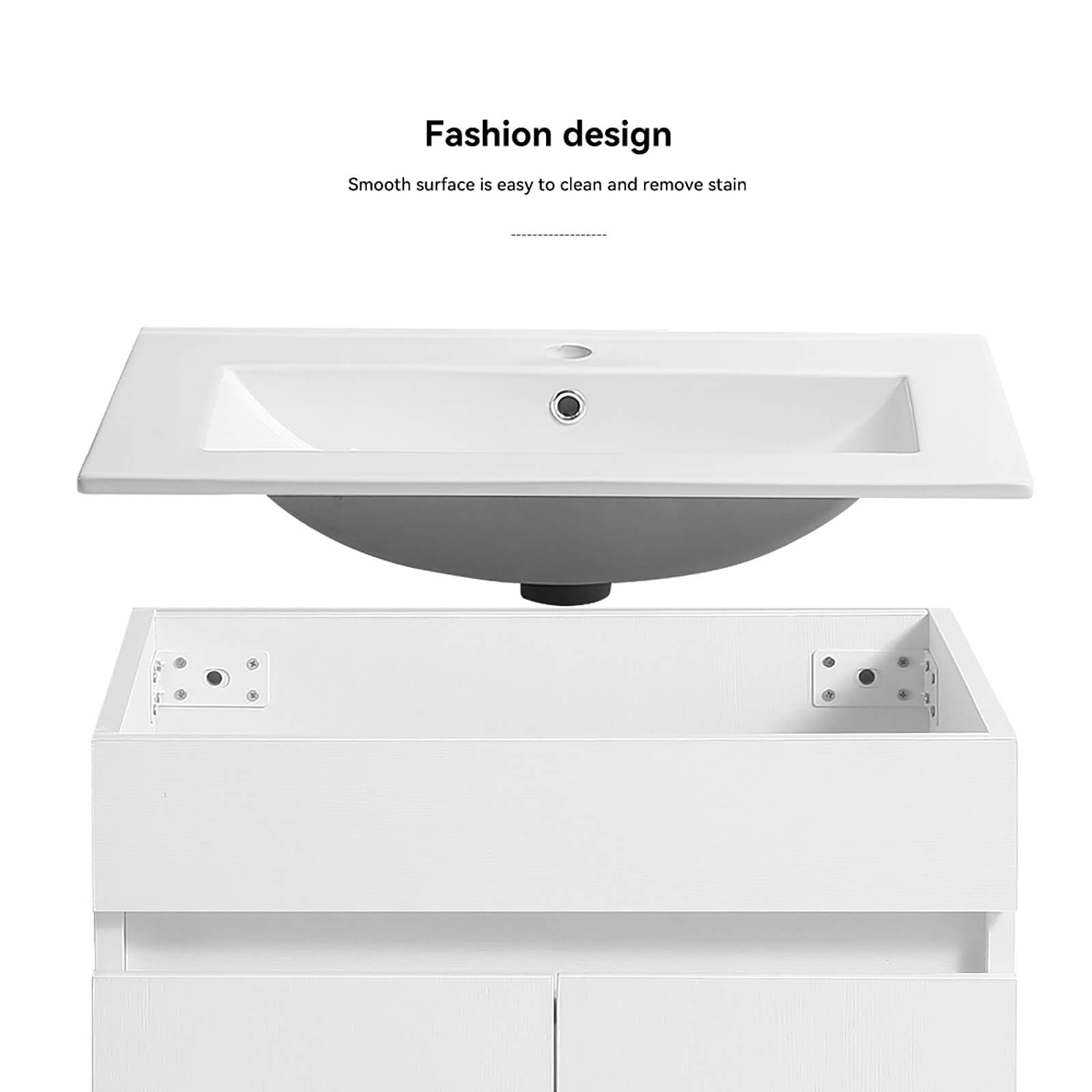Glossy white ceramic sink on minimalist vanity
