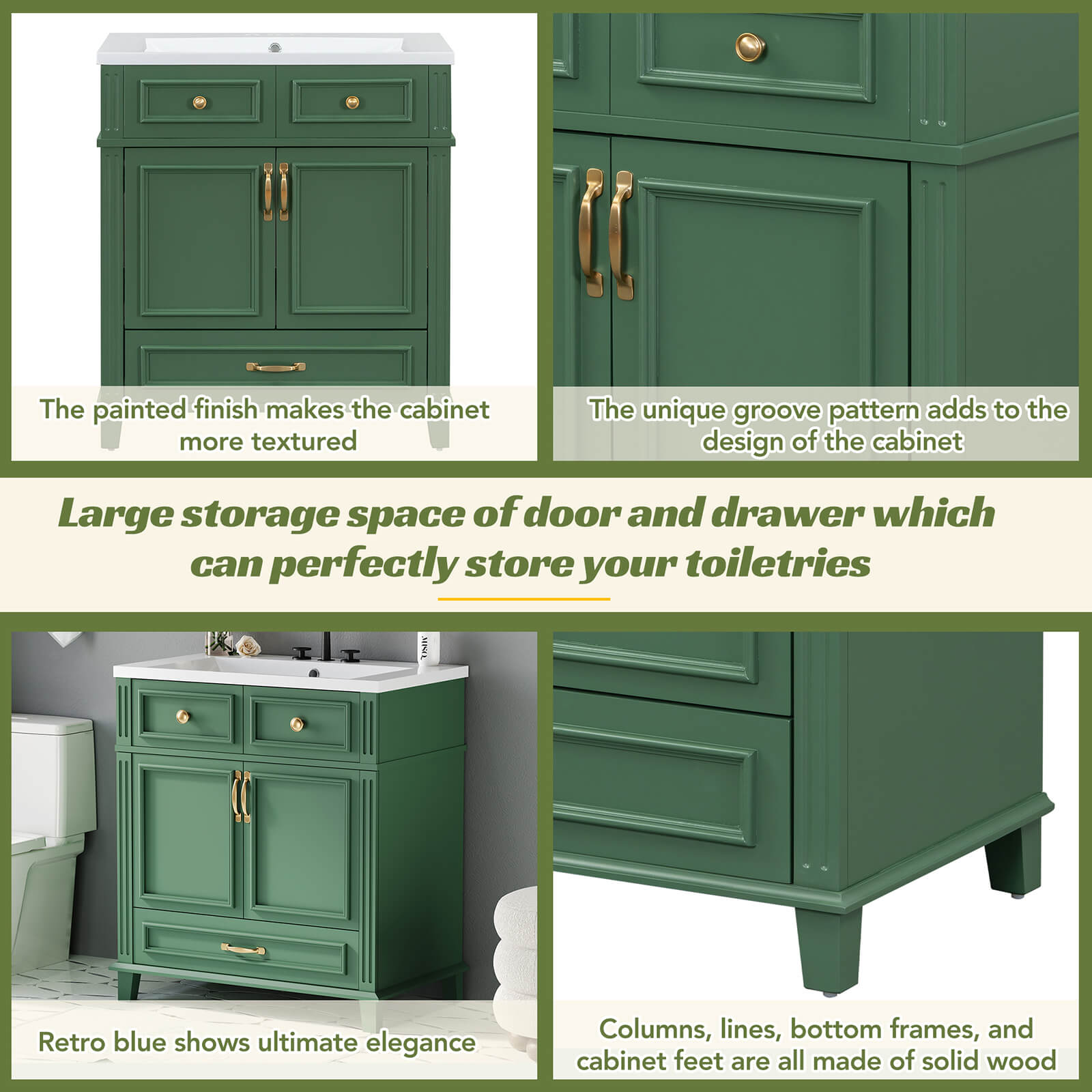Gold and green bathroom vanity with storage