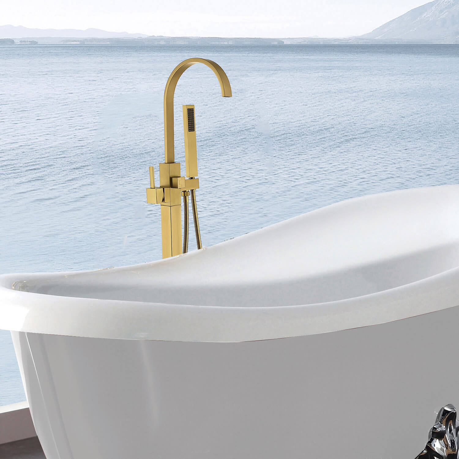 High Arc Waterfall Freestanding Tub Filler Floor Mount Bathtub Faucet with Handheld Shower