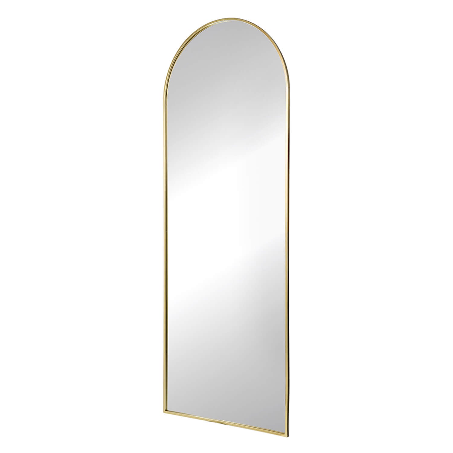 Gold framed arched full length mirror side view