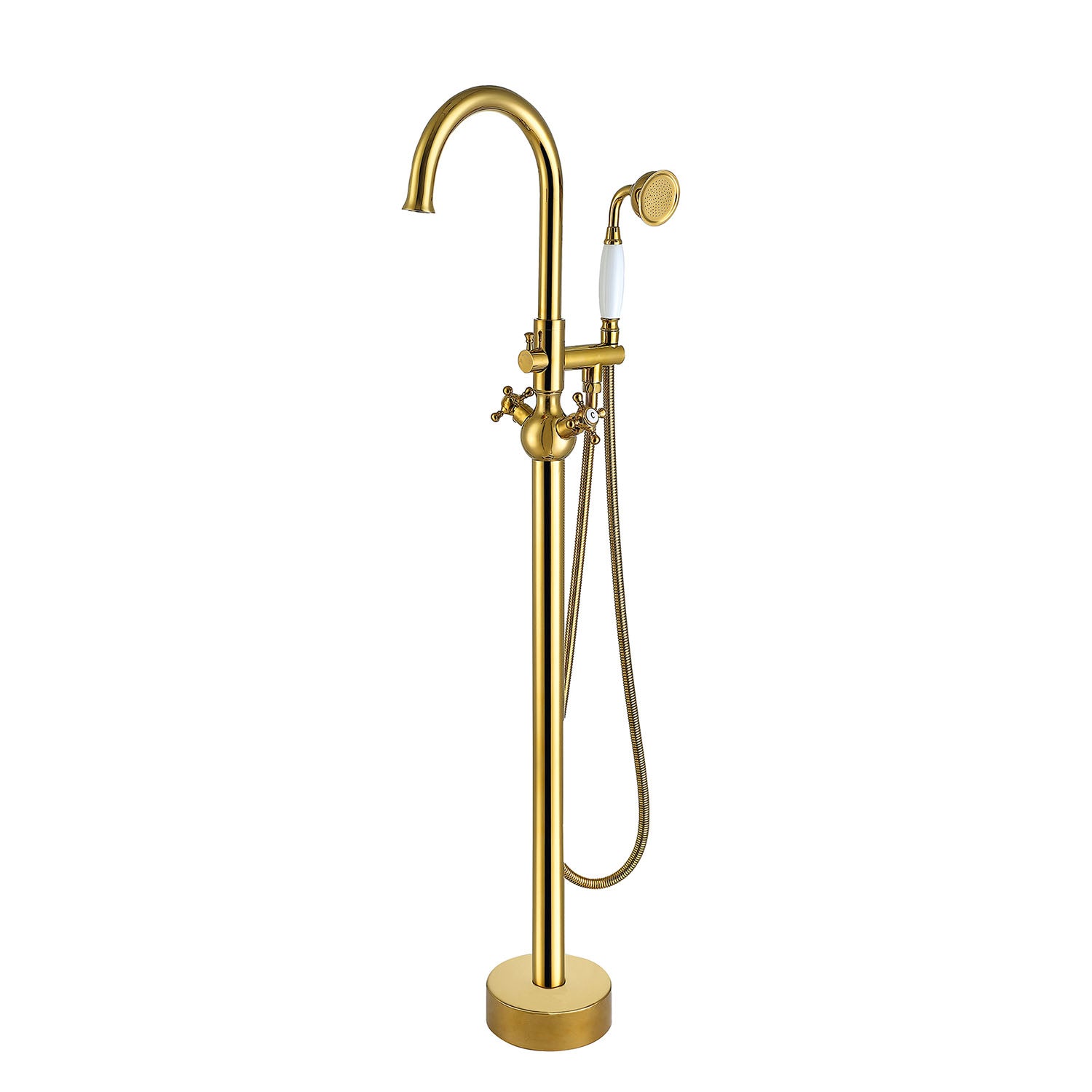 Gold freestanding bathtub faucet with round shower head and double handles