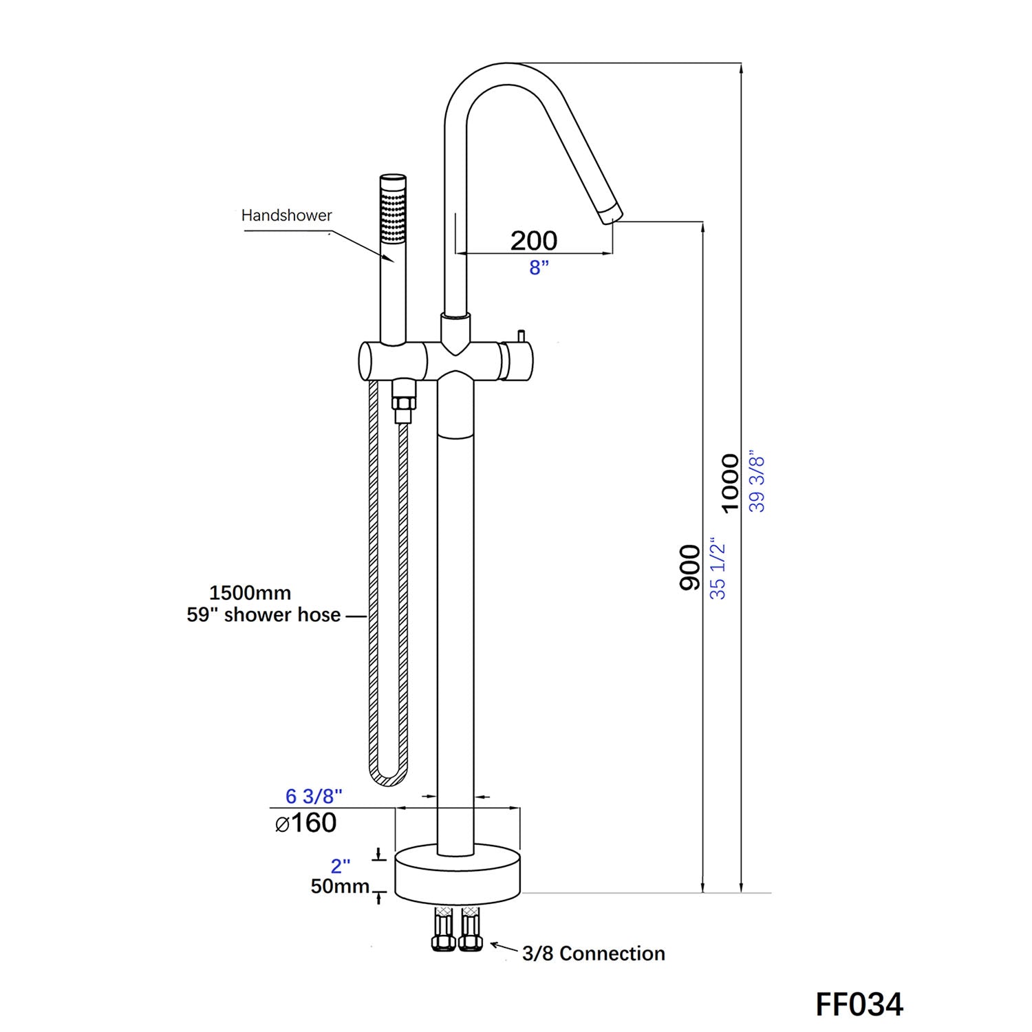 Gold freestanding tub filler faucet dimension