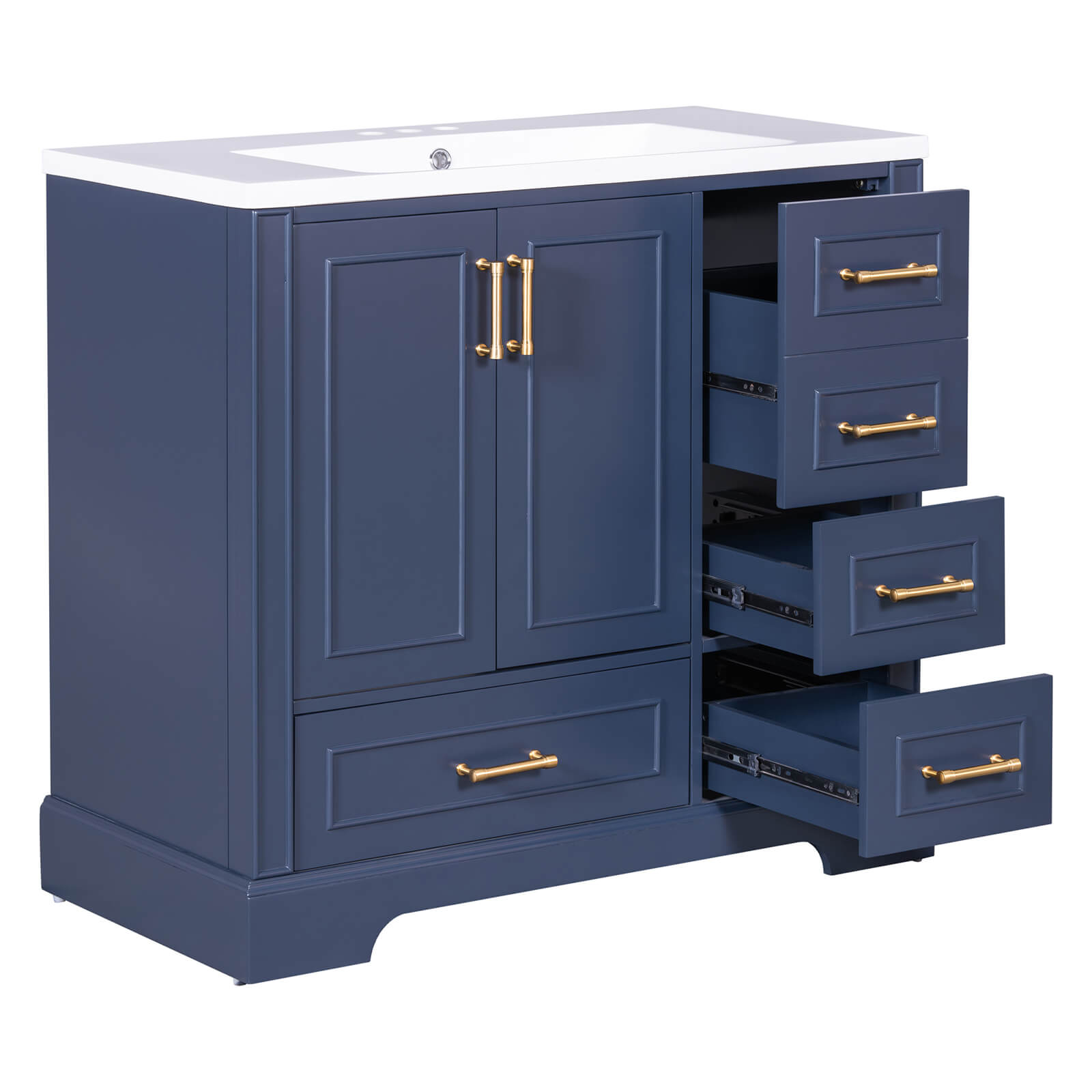 Gold handle details on classic blue bathroom vanity