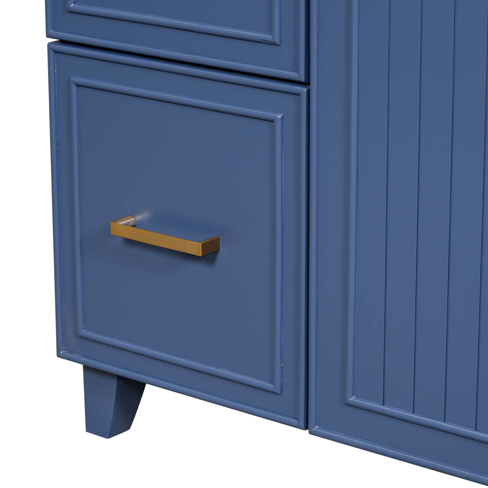 Gold handles on 36 inch navy blue bathroom vanity with adjustable shelves