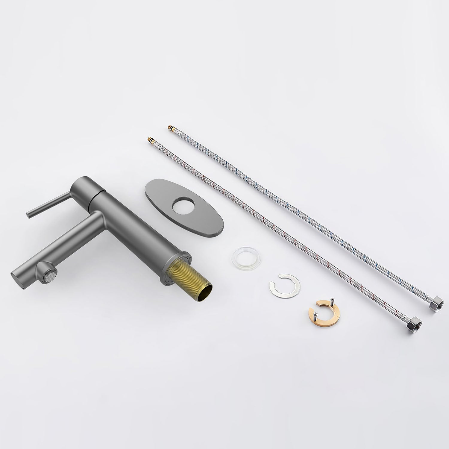 Gray Single Handle Bathroom Faucet with install fittings and hoses