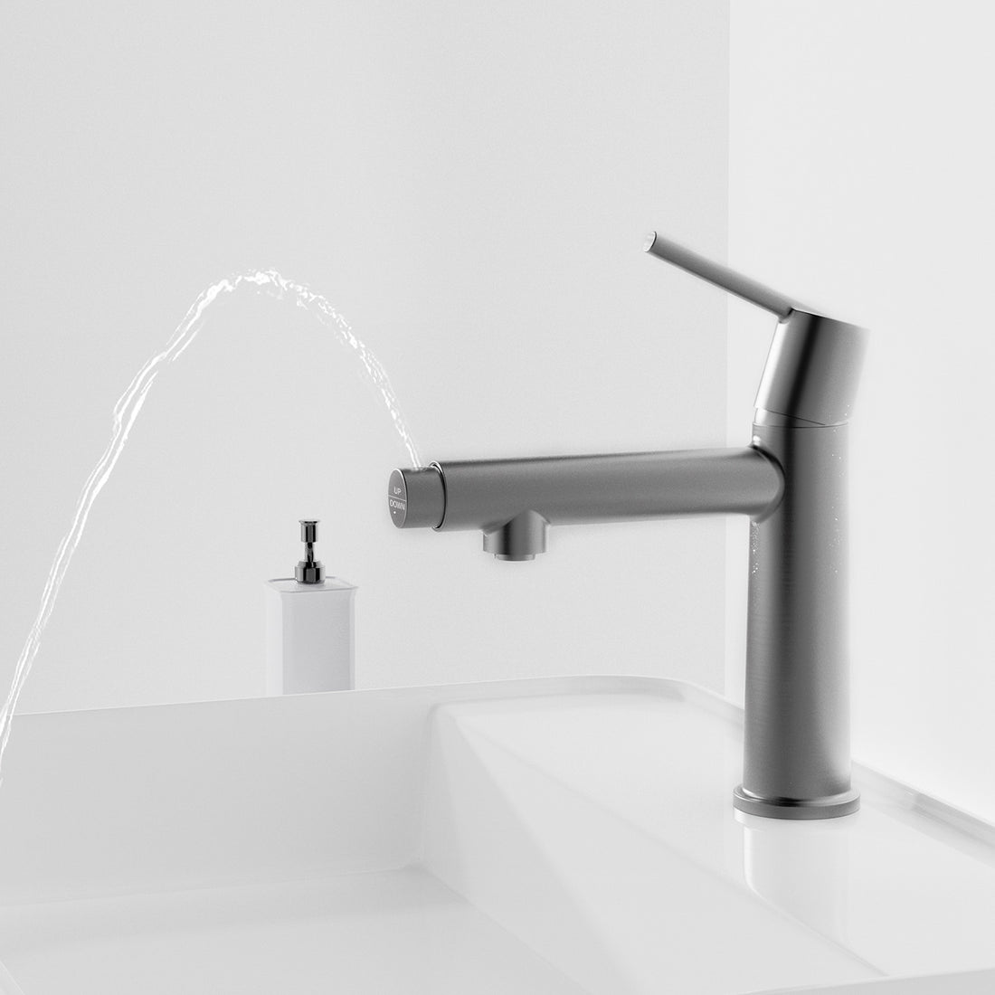 Gray Single Handle Single Hole Bathroom Faucet with fountain mode