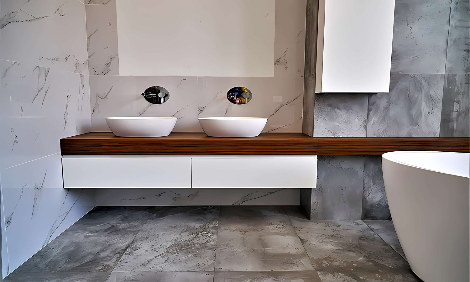Gray bathroom tiles with simple bathroom decoration
