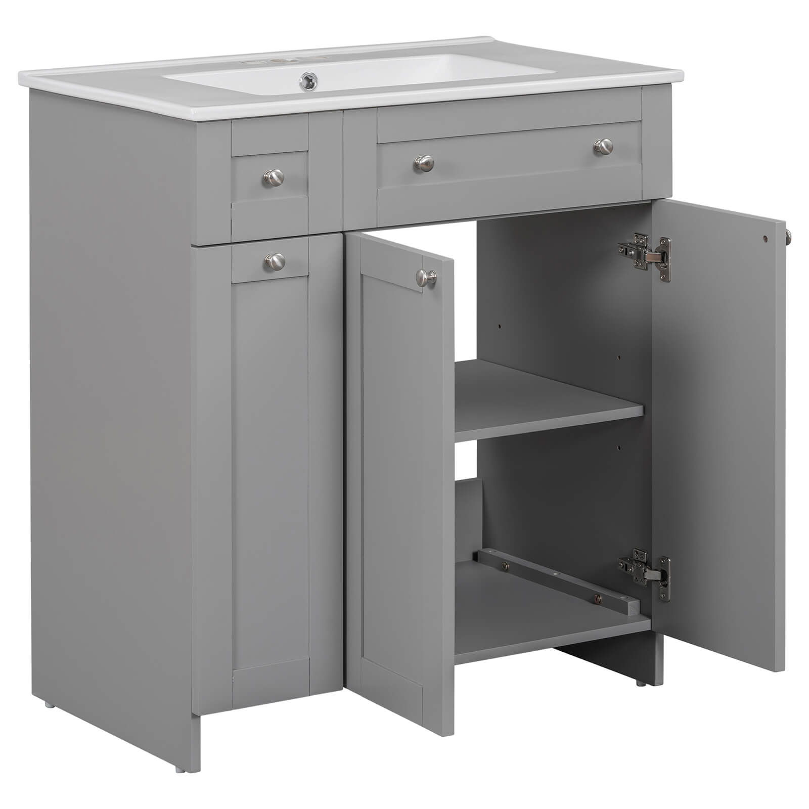 Gray bathroom vanity with soft-close hinges and storage drawers