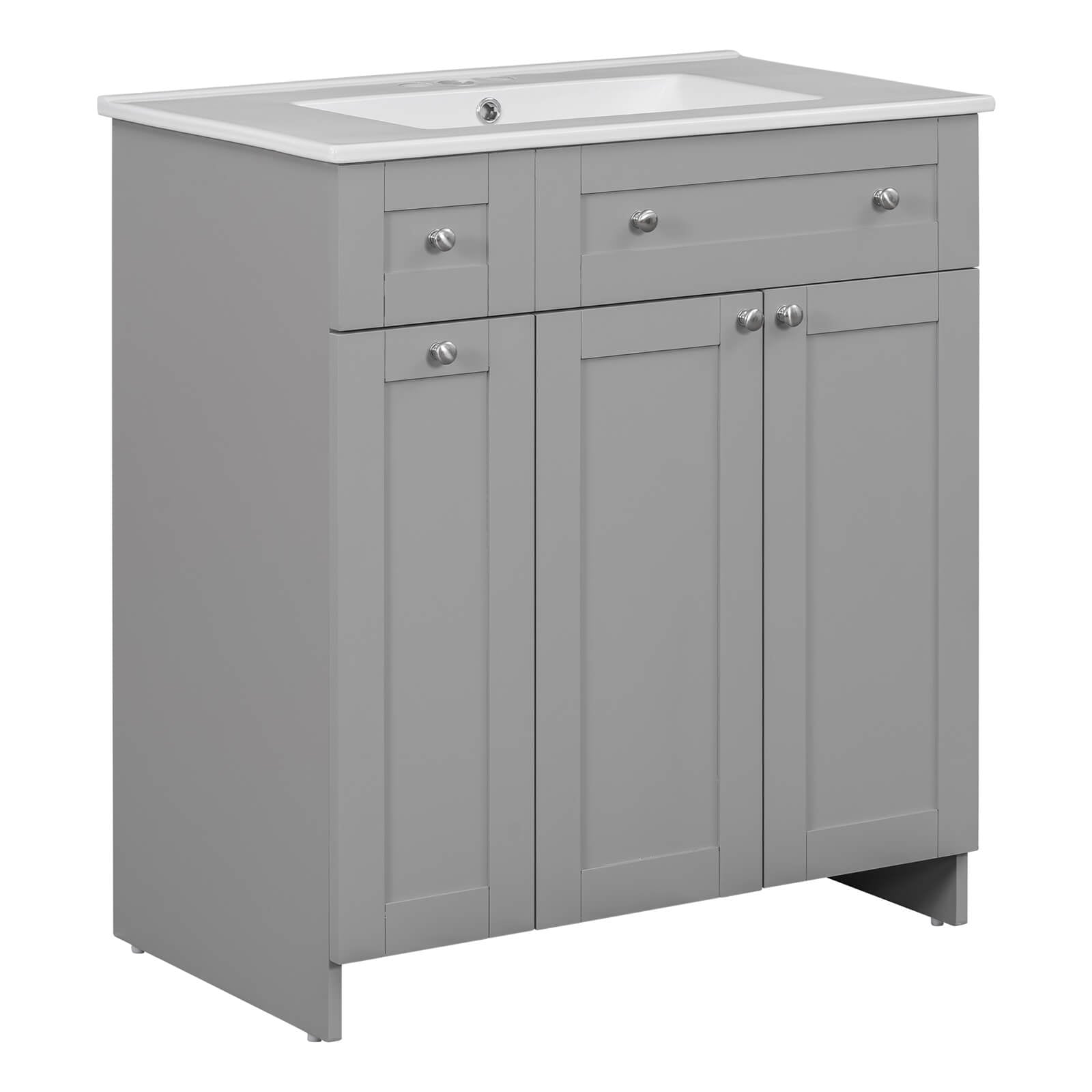 Gray vanity with silver round handles and minimalist aesthetic