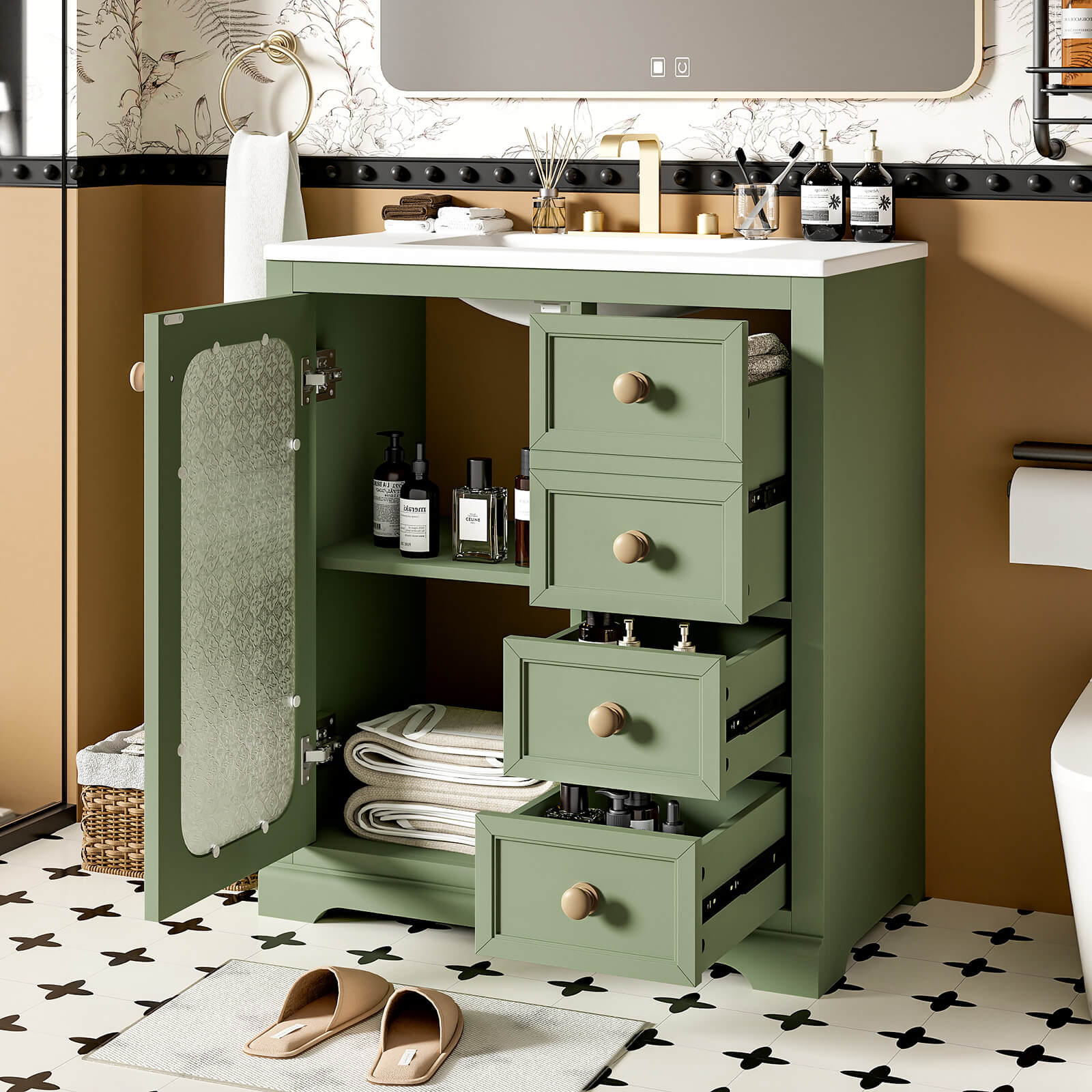 Green bathroom vanity with frosted glass door for modern bathrooms