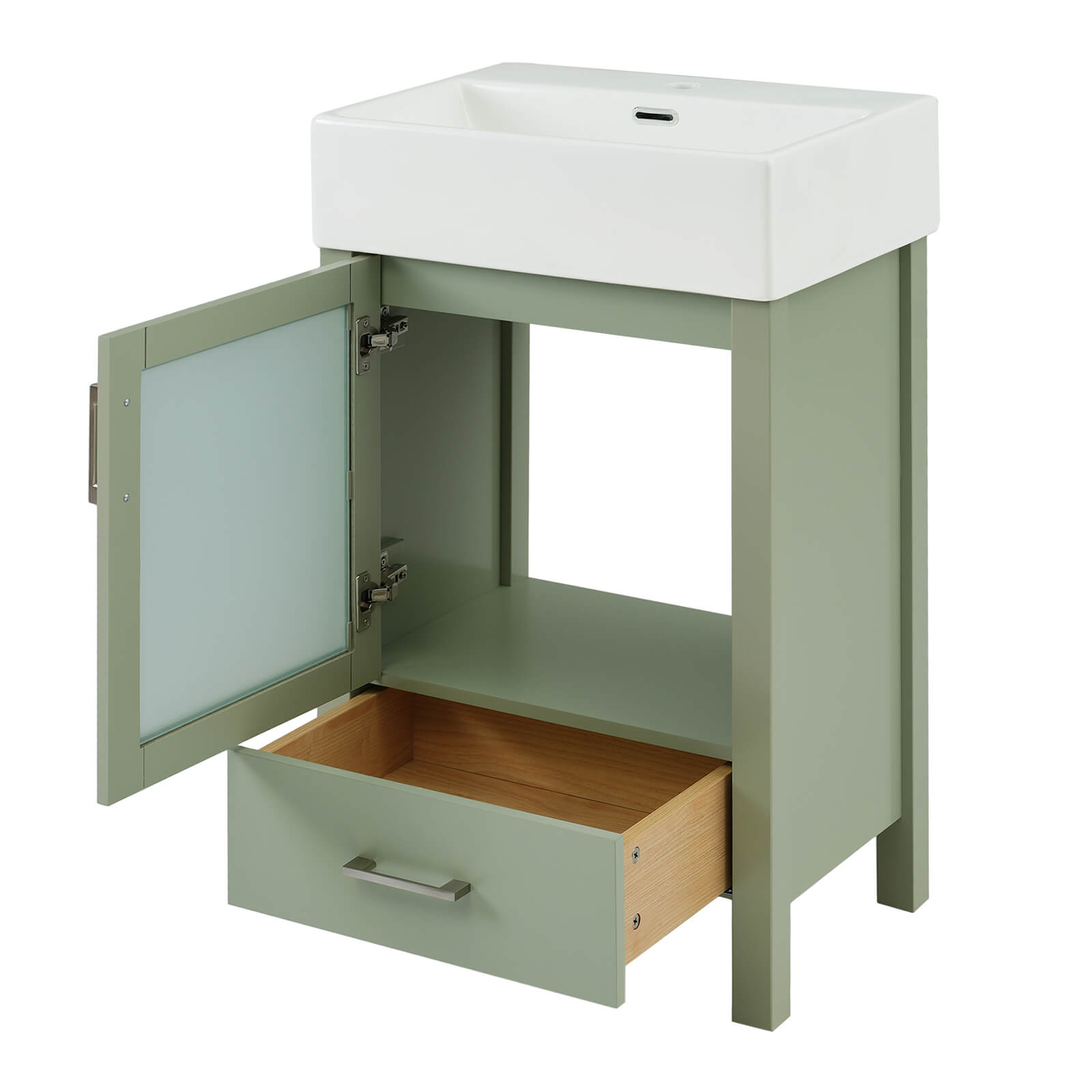 Green bathroom vanity with frosted glass for modern home decor