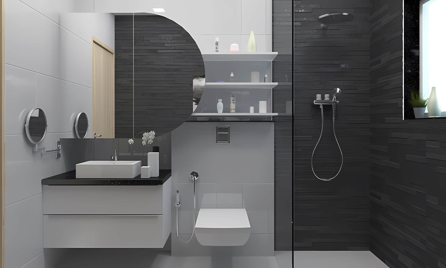Grey and white bathroom tiles contrast with each other