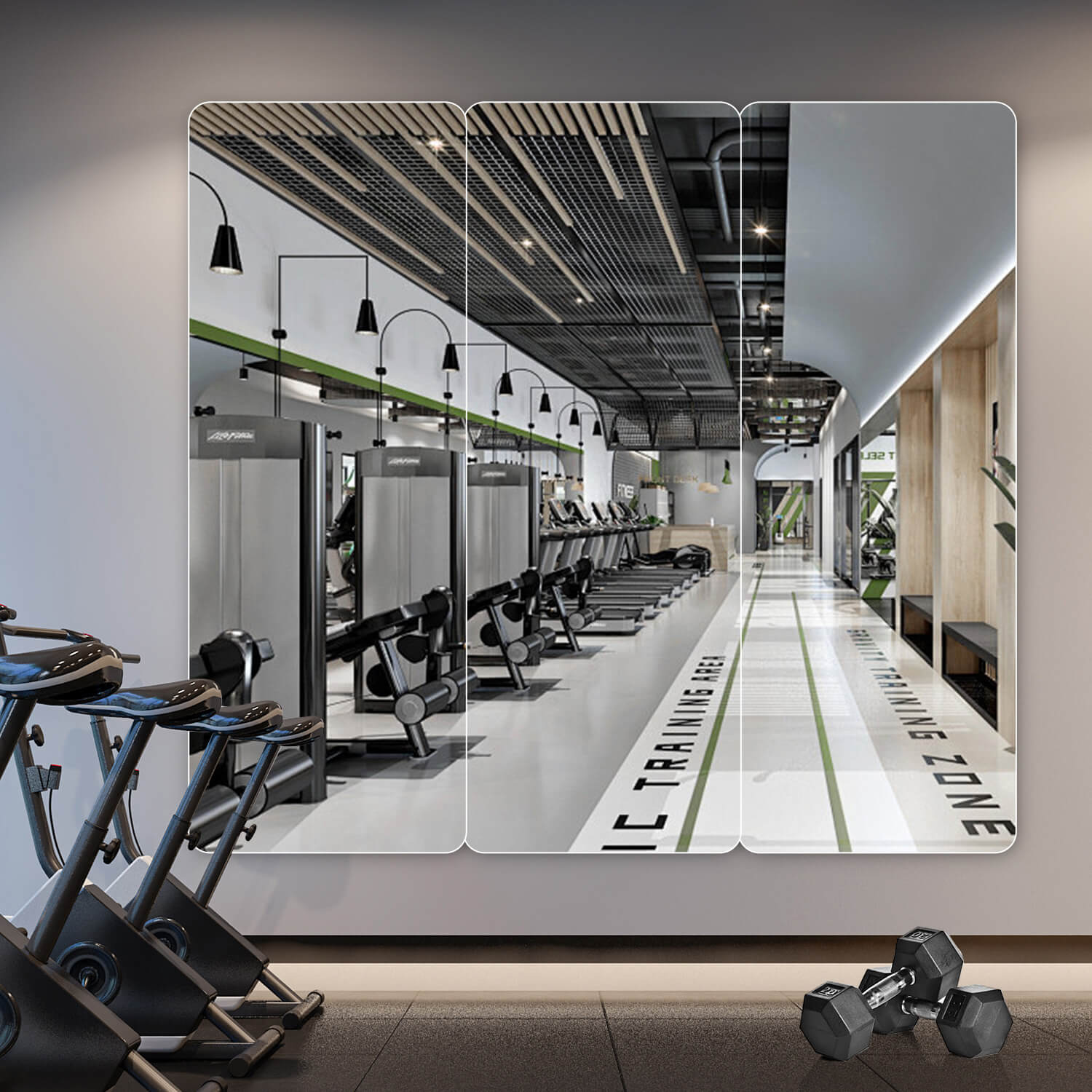 Gym quality frameless mirror panels for wall to wall coverage
