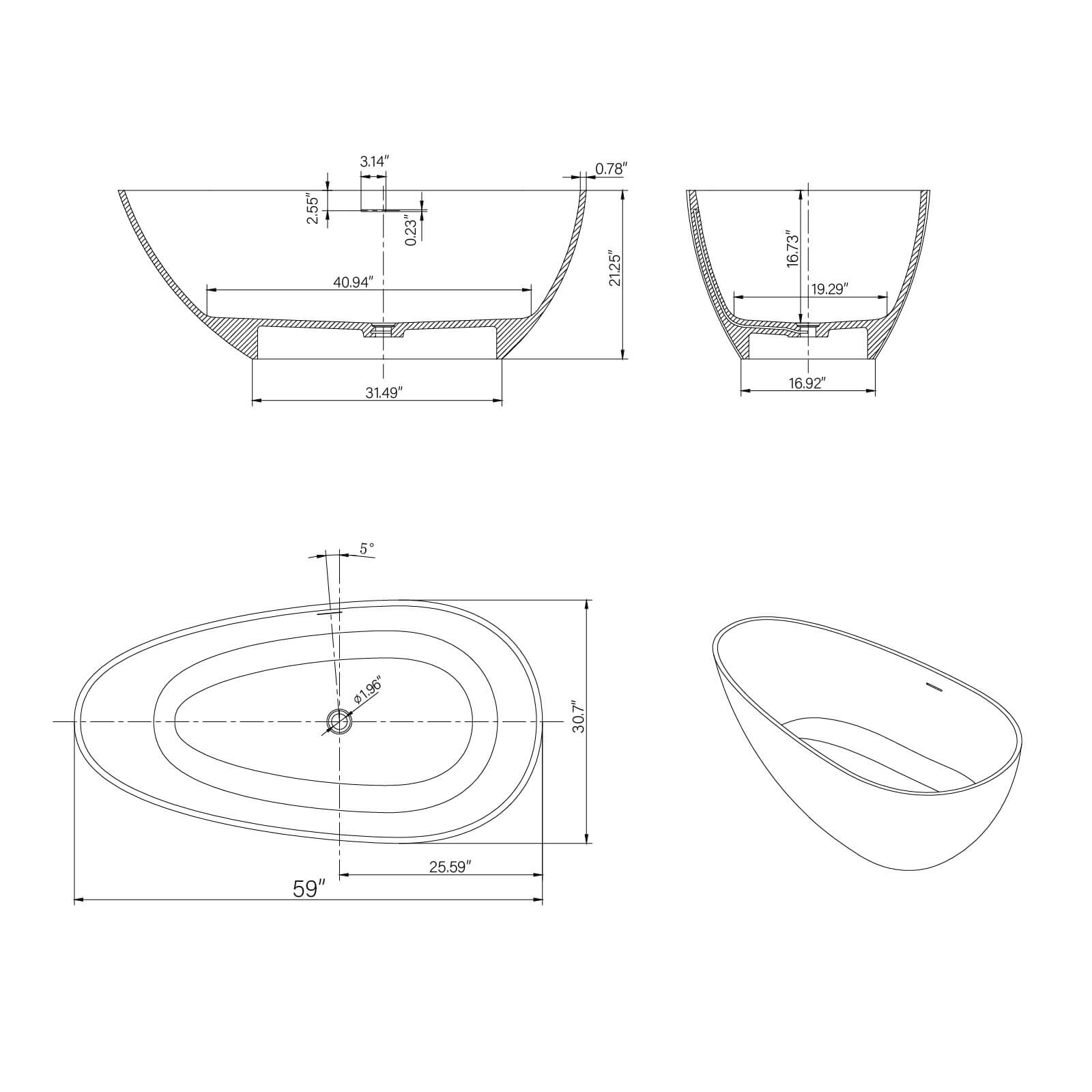 HA1005 59MV bathtub dimensions