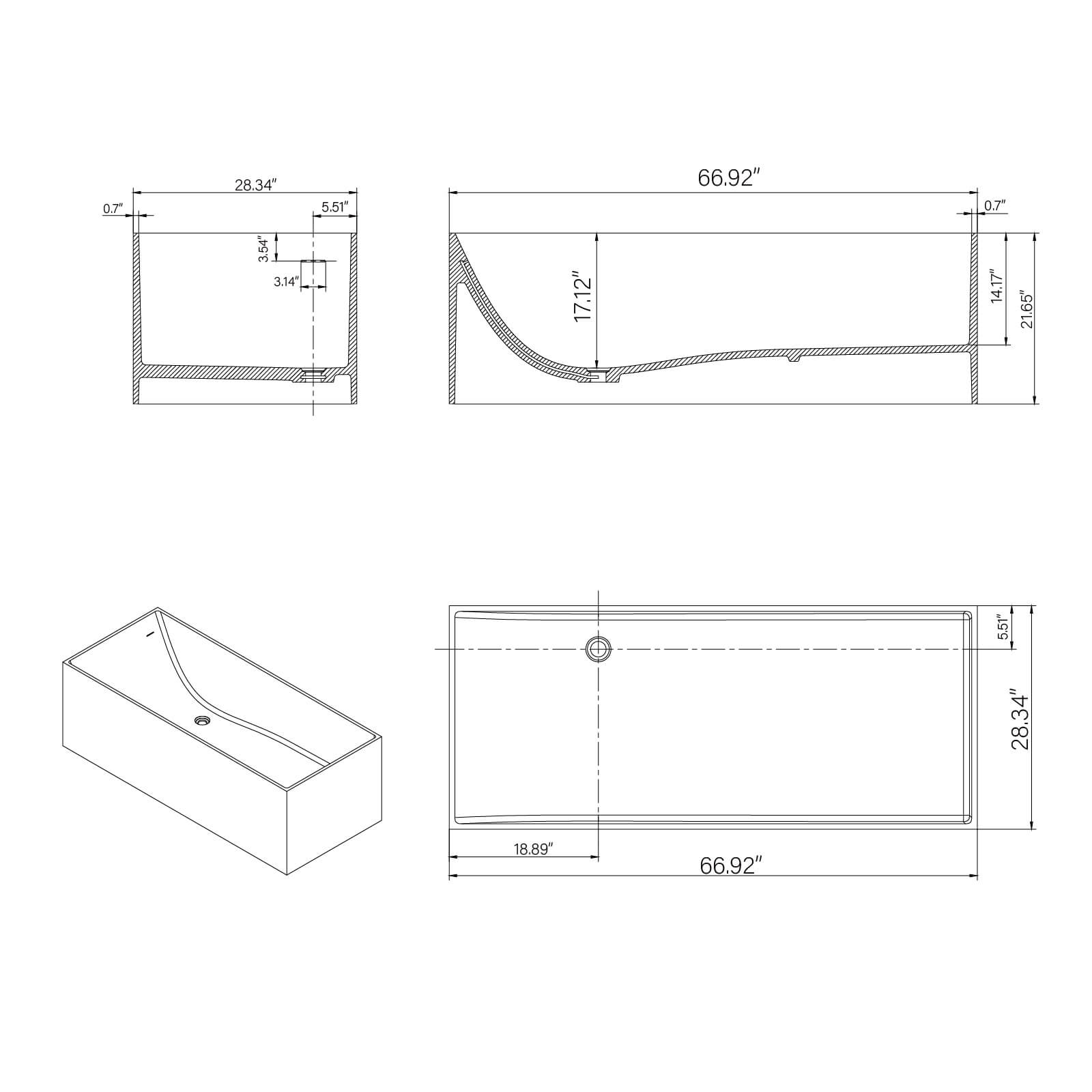 HA1018 67BGV bathtub dimensions and specifications
