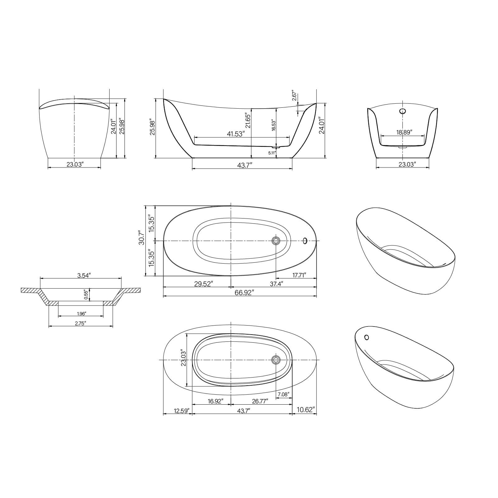 67" Marble Finish Slipper Bathtub with Adjustable Overflow