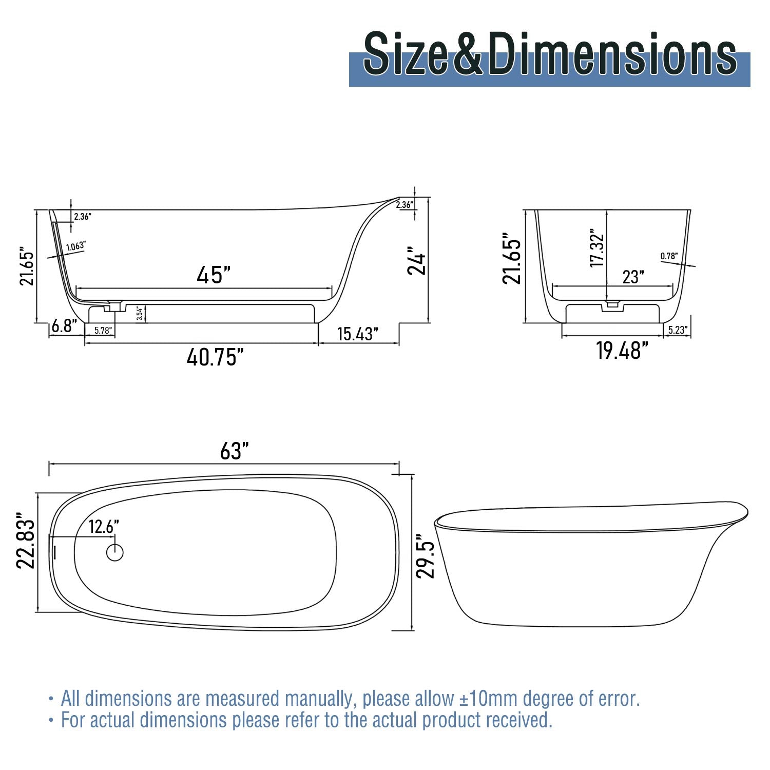 63" Solid Surface Ergonomic Freestanding Slipper Bathtub