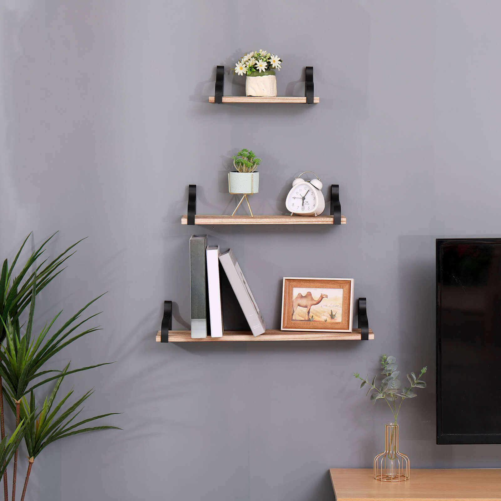 Wall-Mounted Oak Floating Shelves with Brackets for Bathroom (Set of 3)