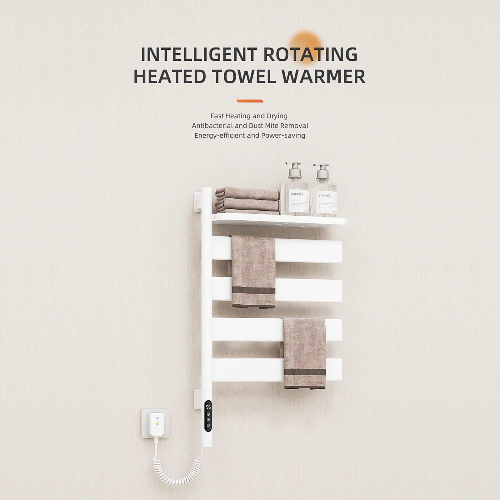 High-efficiency white towel warmer mounted in a bathroom