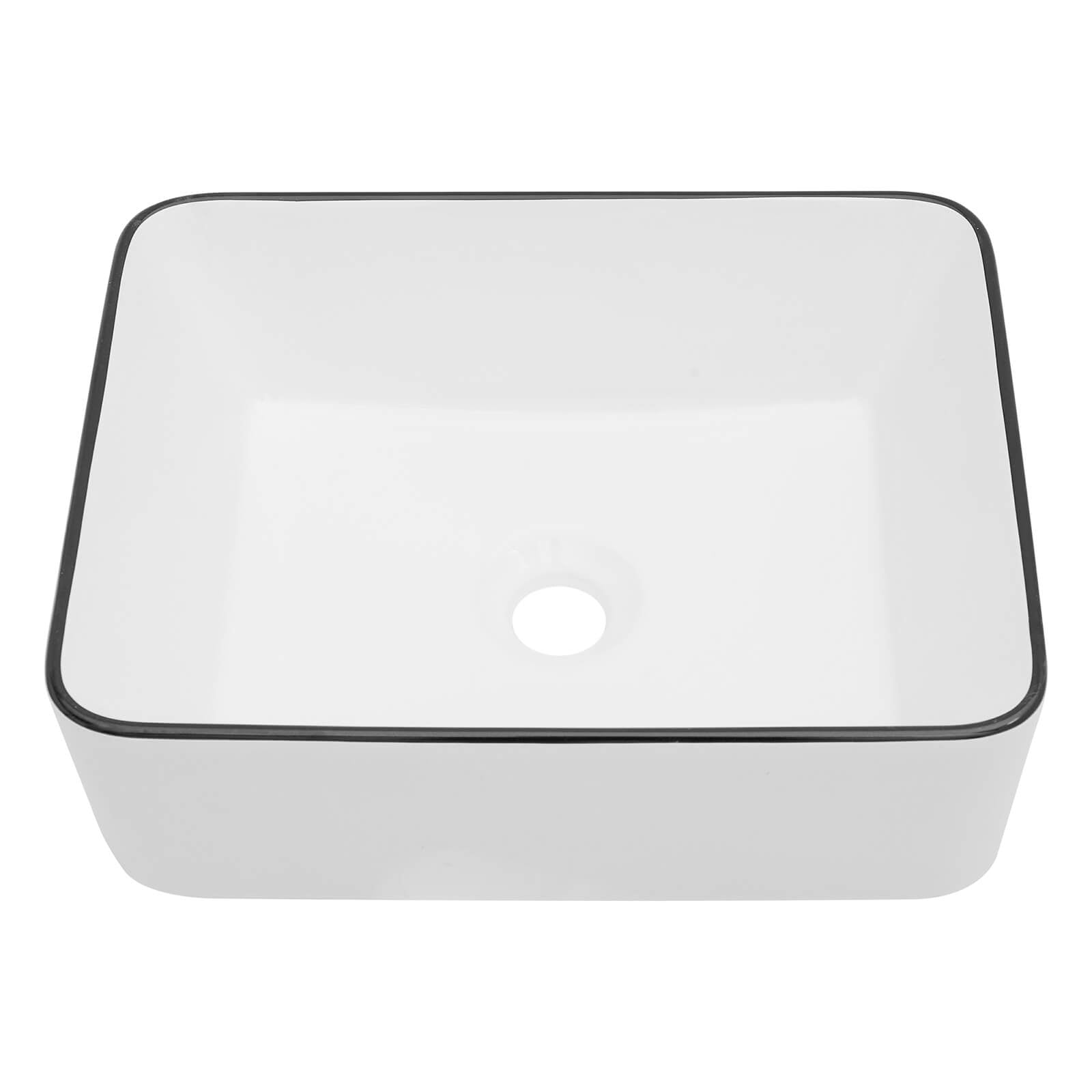 High gloss white ceramic sink paired with black accent