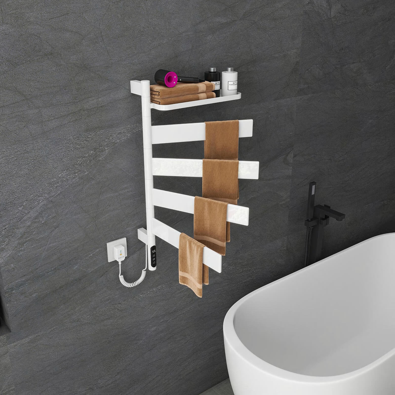 High-tech white towel warmer with touch LED display