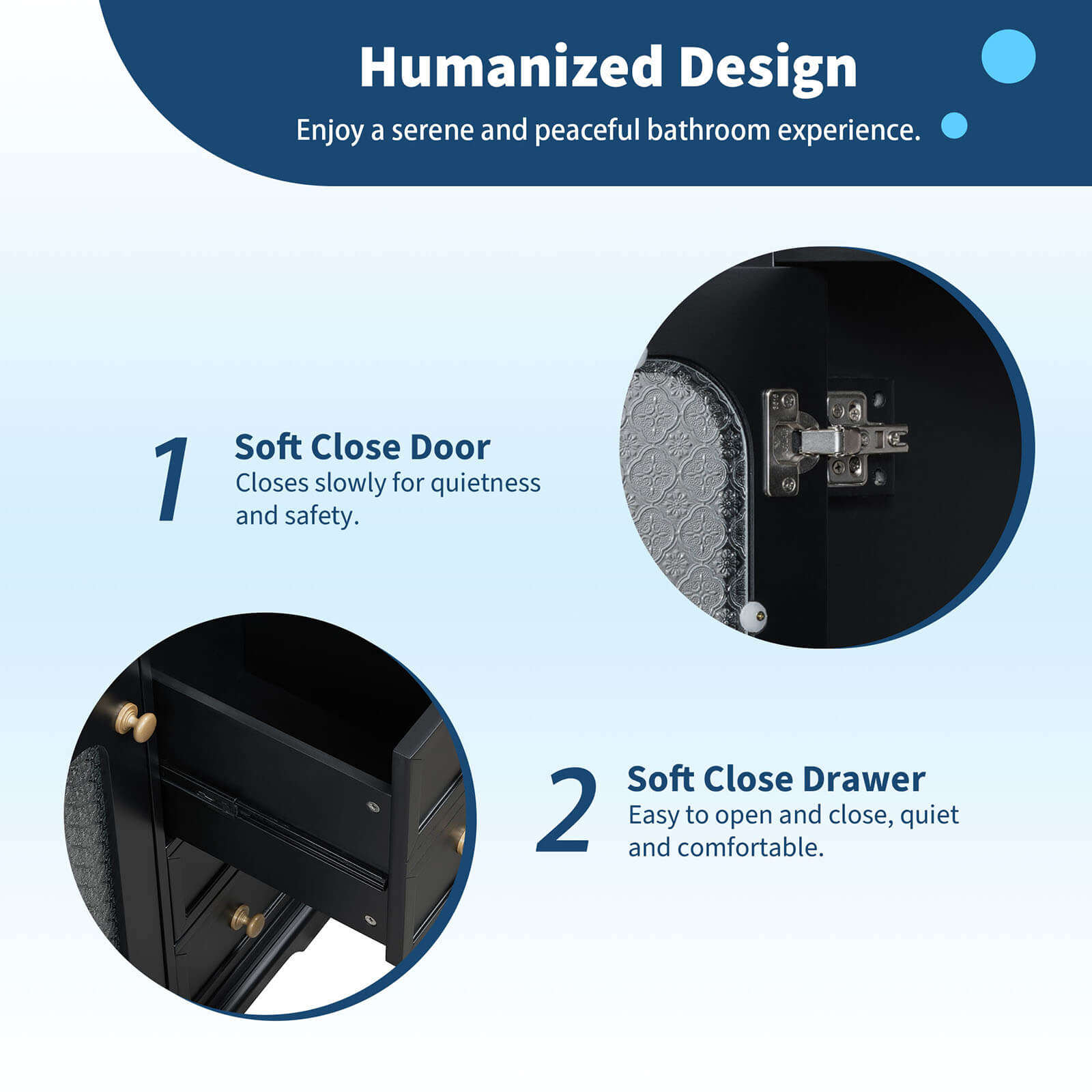 Hinge and slide detail for a 30 inch black bathroom vanity with frosted glass door