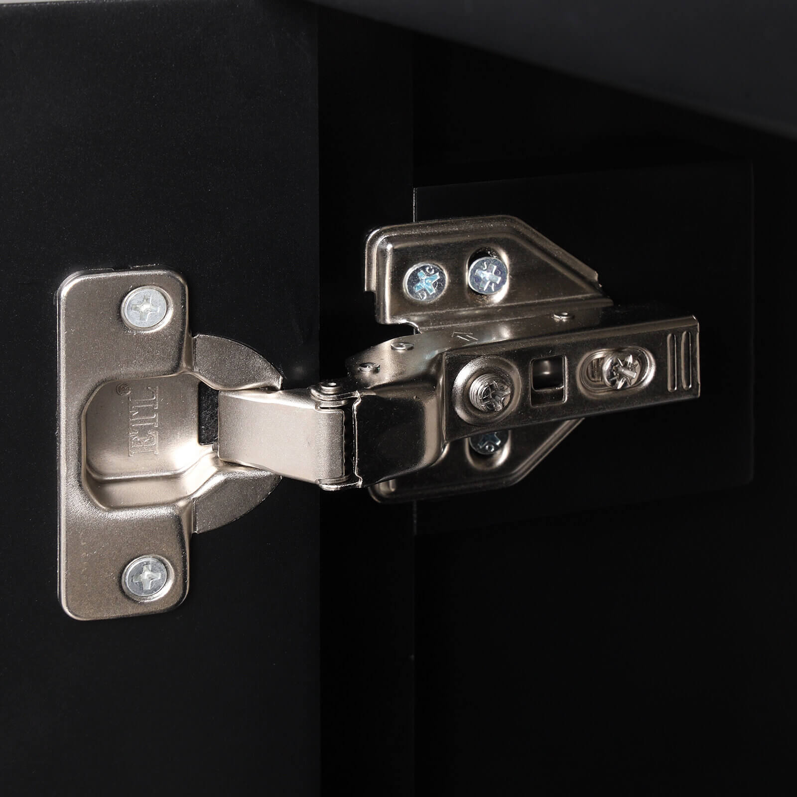 Hinge detail of a 20 inch black bathroom vanity with clear glass door