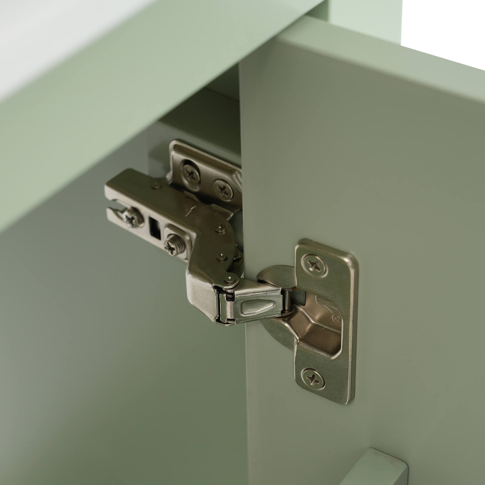 Hinge detail of a 20 lime green single door bathroom vanity